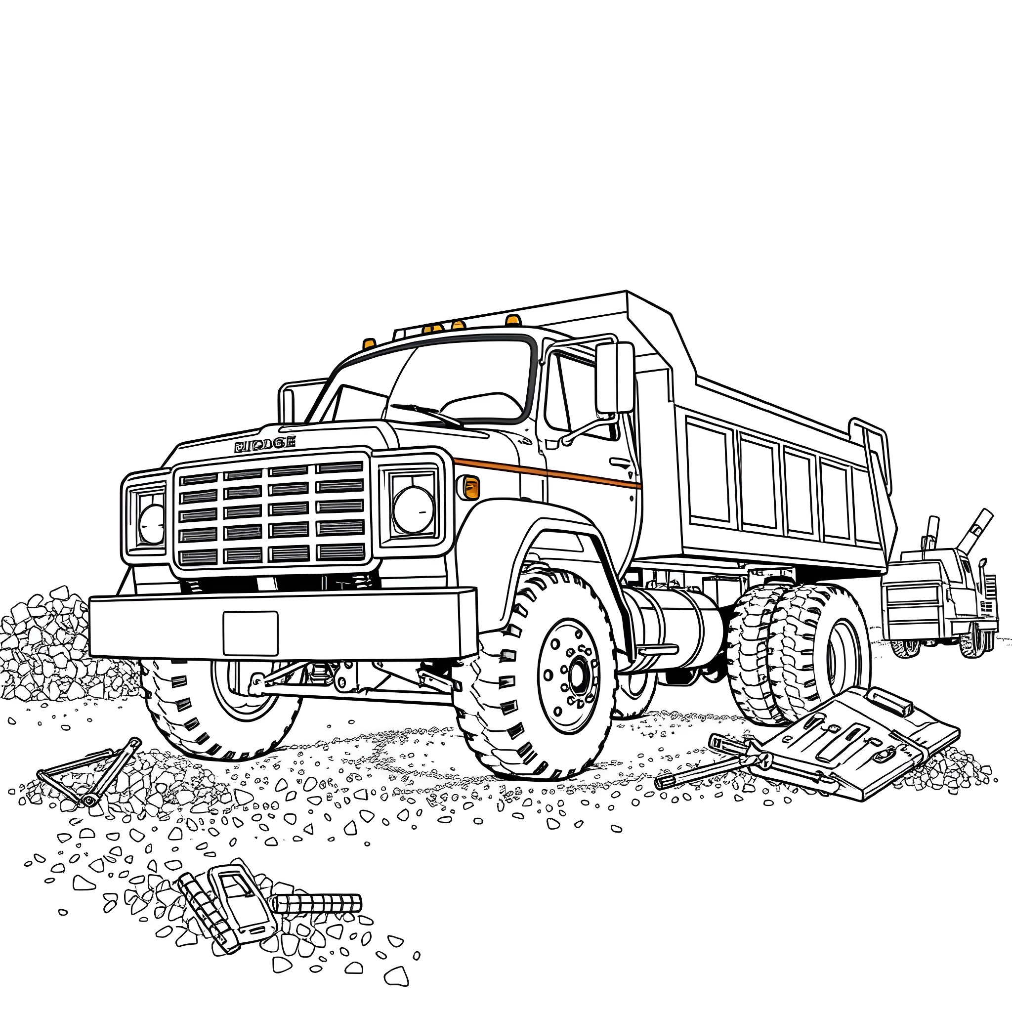 Dodge Dump Truck Unloading Rocks on Construction Site Coloring Page (free black-and-white line drawing printable PDF for all, from beginners to advanced learners, including children, teens, adults, and seniors)