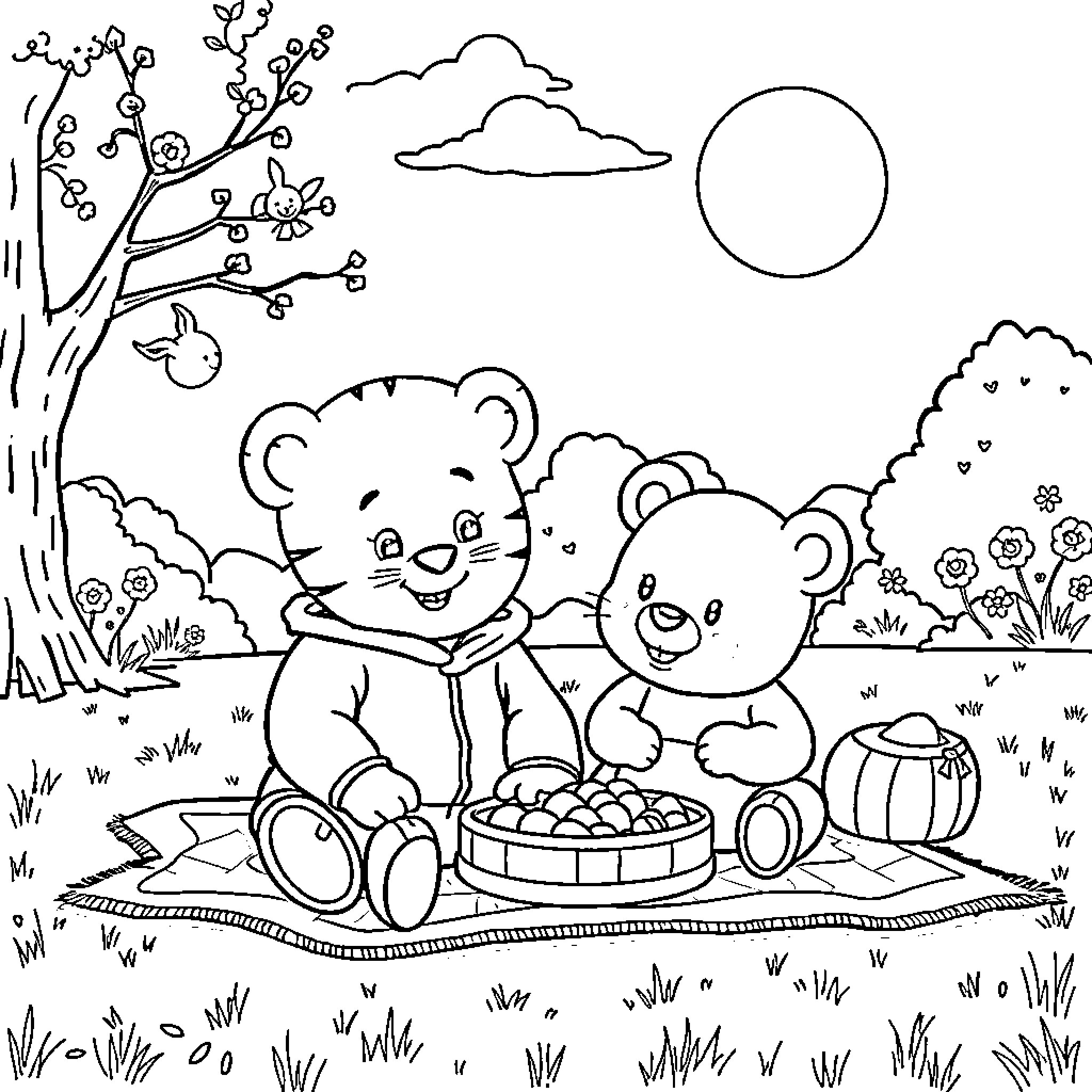 Daniel Tiger and Friends Enjoying a Picnic Outdoors Coloring Page (free black-and-white line drawing printable PDF for all, from beginners to advanced learners, including children, teens, adults, and seniors)
