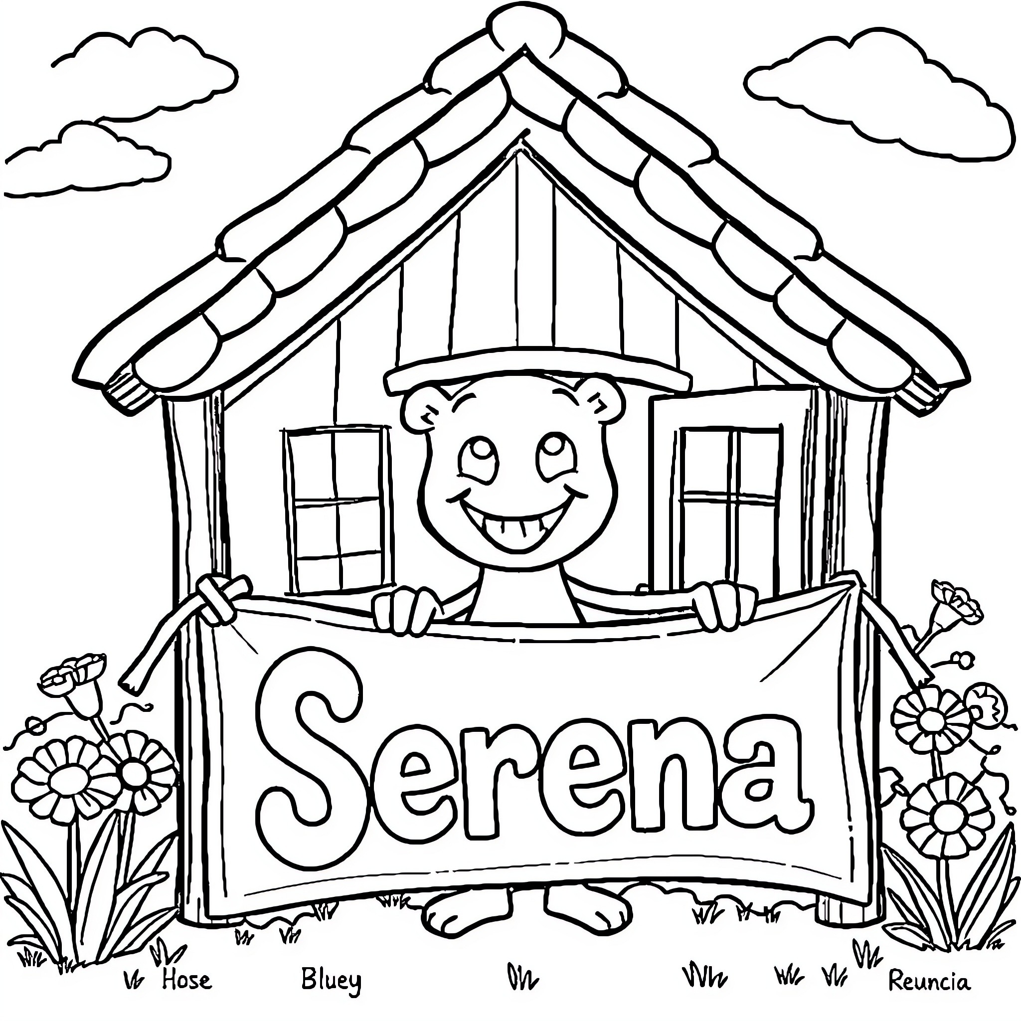 Bluey peeks out from a cozy cottage Coloring Page (free black-and-white line drawing printable PDF for all, from beginners to advanced learners, including children, teens, adults, and seniors)