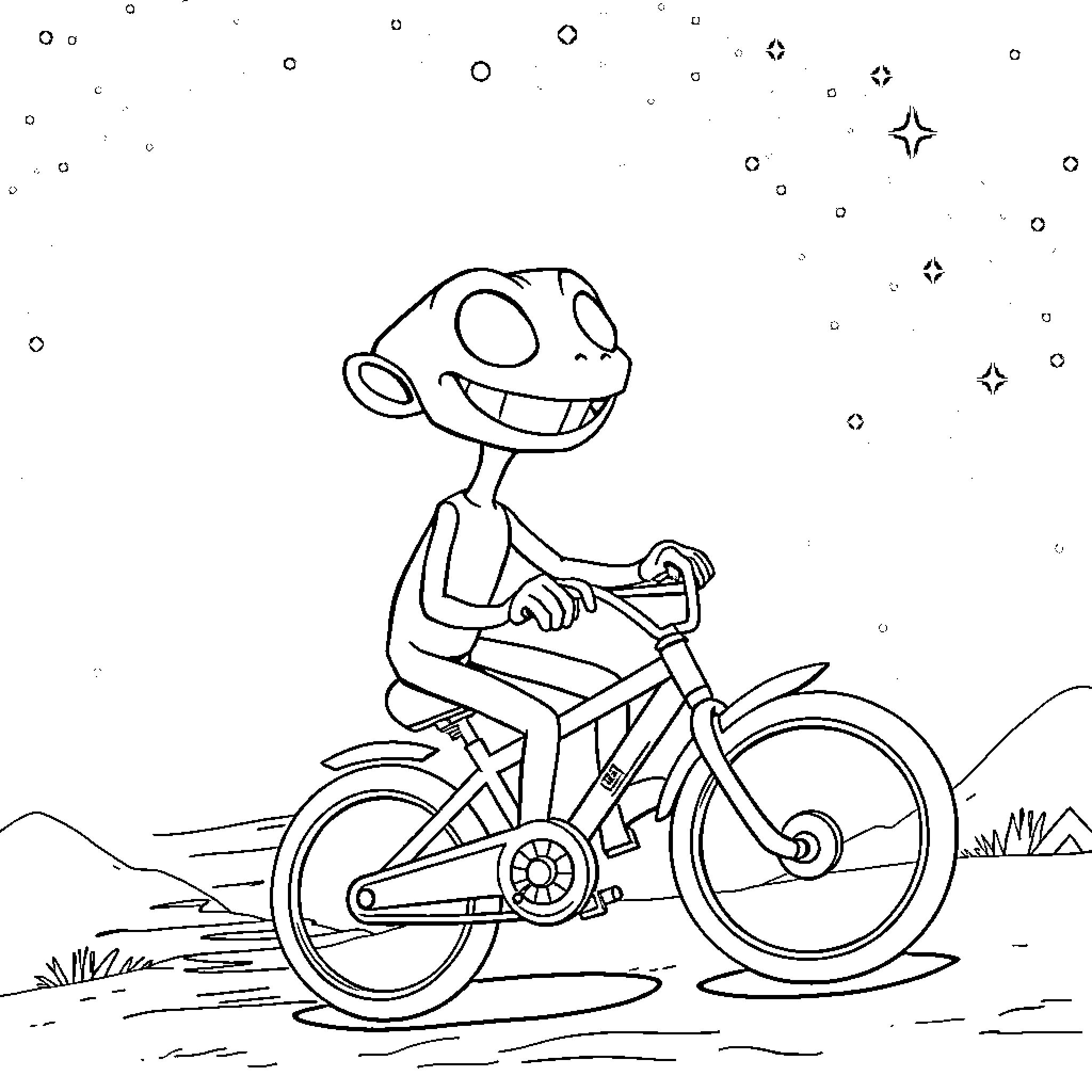 Gir riding a bicycle under the starry sky Coloring Page (free black-and-white line drawing printable PDF for all, from beginners to advanced learners, including children, teens, adults, and seniors)