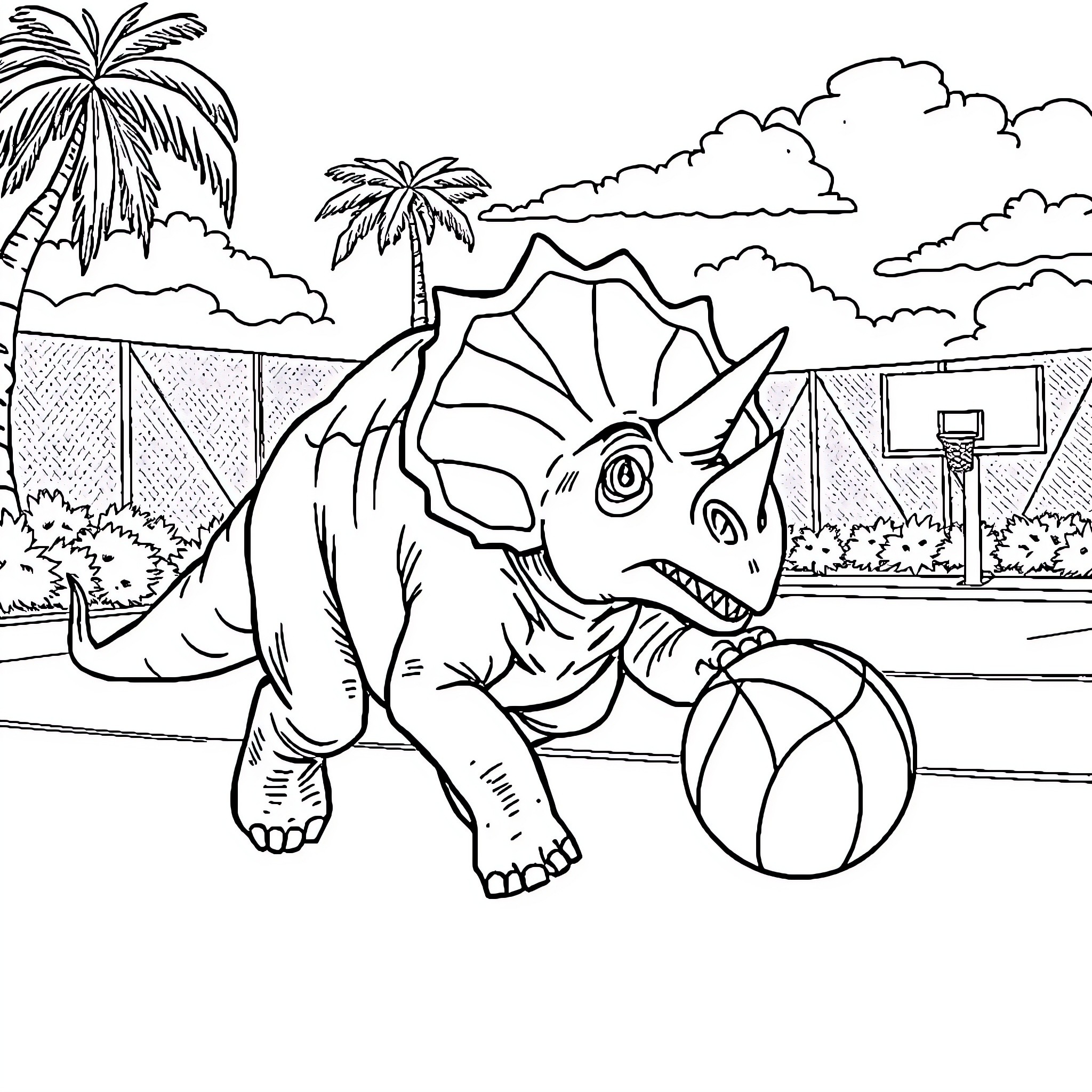 Triceratops playing with a ball in a tropical setting Coloring Page (free black-and-white line drawing printable PDF for all, from beginners to advanced learners, including children, teens, adults, and seniors)