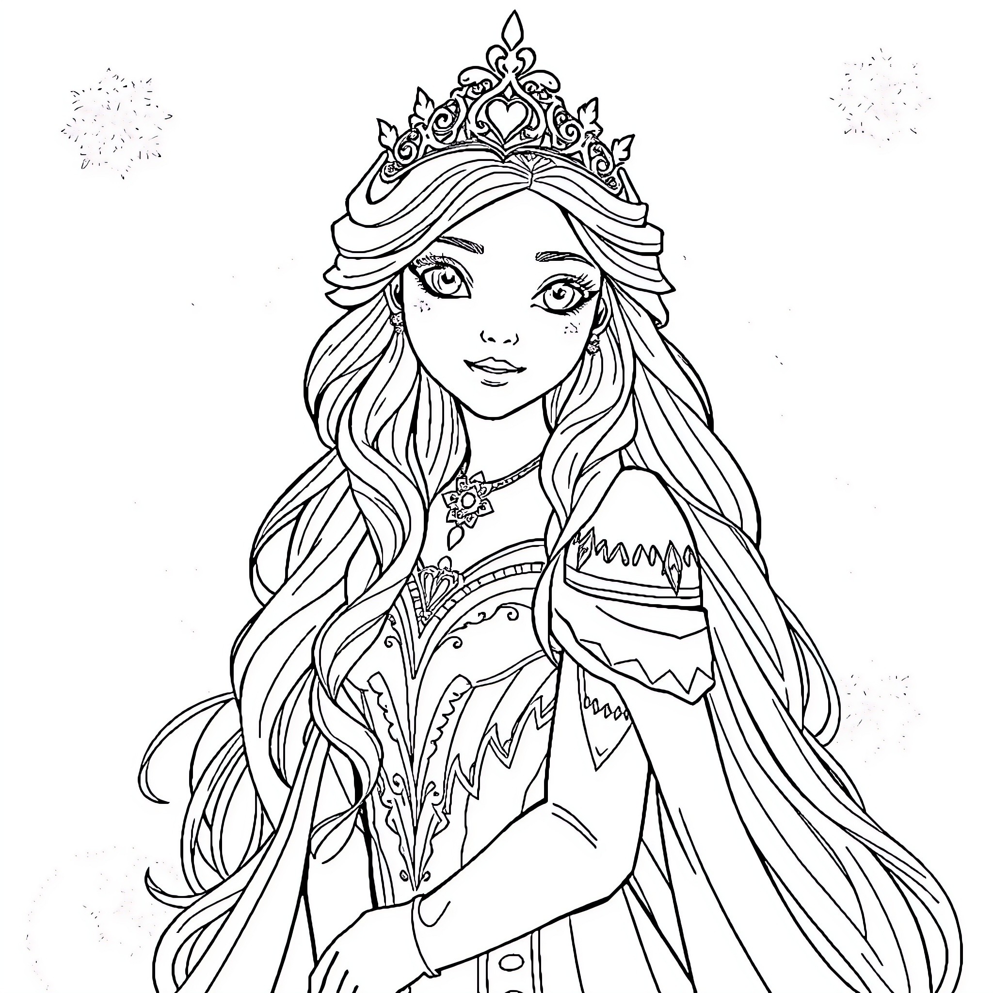 Snow Queen in Ornate Dress and Tiara Coloring Page (free black-and-white line drawing printable PDF for all, from beginners to advanced learners, including children, teens, adults, and seniors)