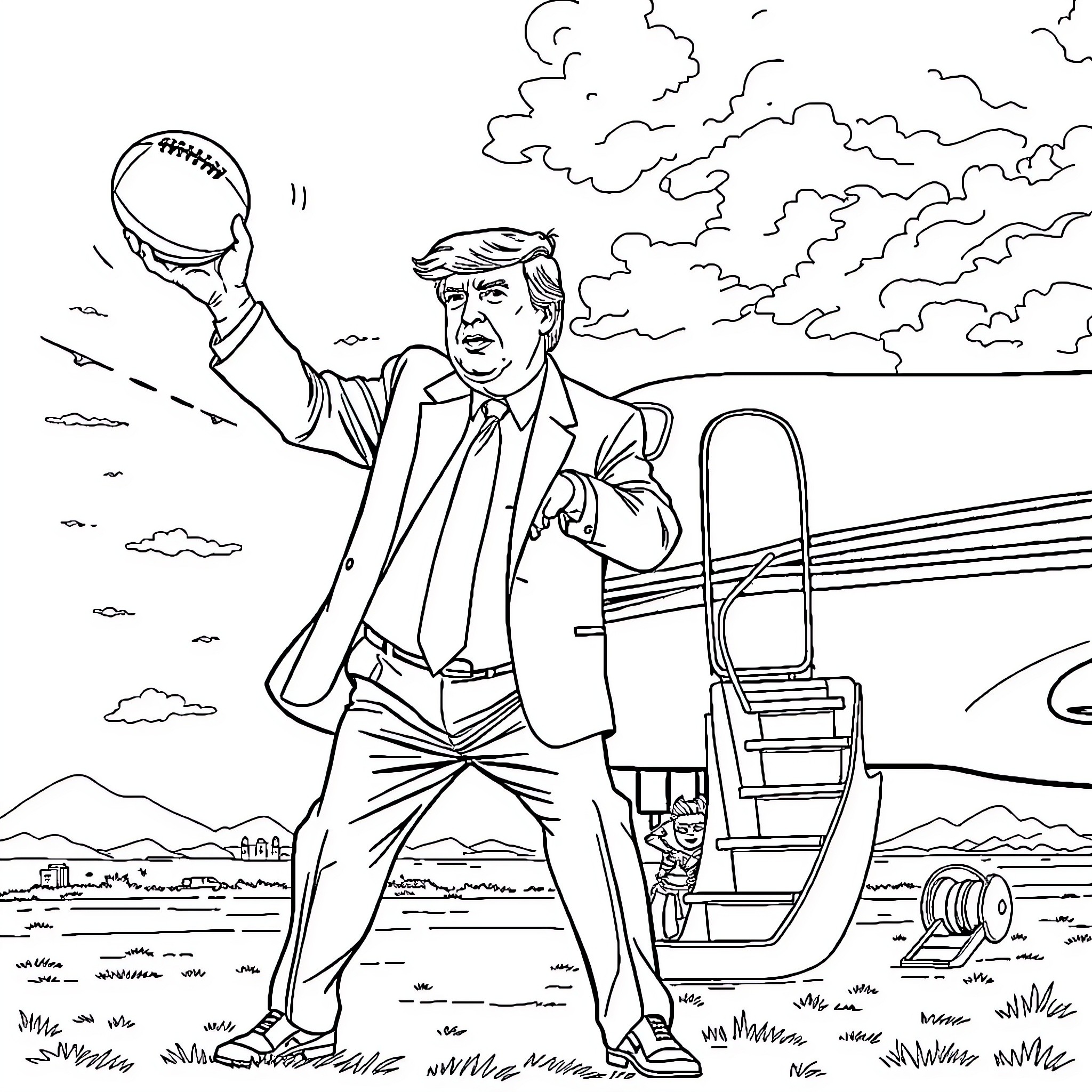 Donald Trump playing with a football in front of a private jet Coloring Page (free black-and-white line drawing printable PDF for all, from beginners to advanced learners, including children, teens, adults, and seniors)
