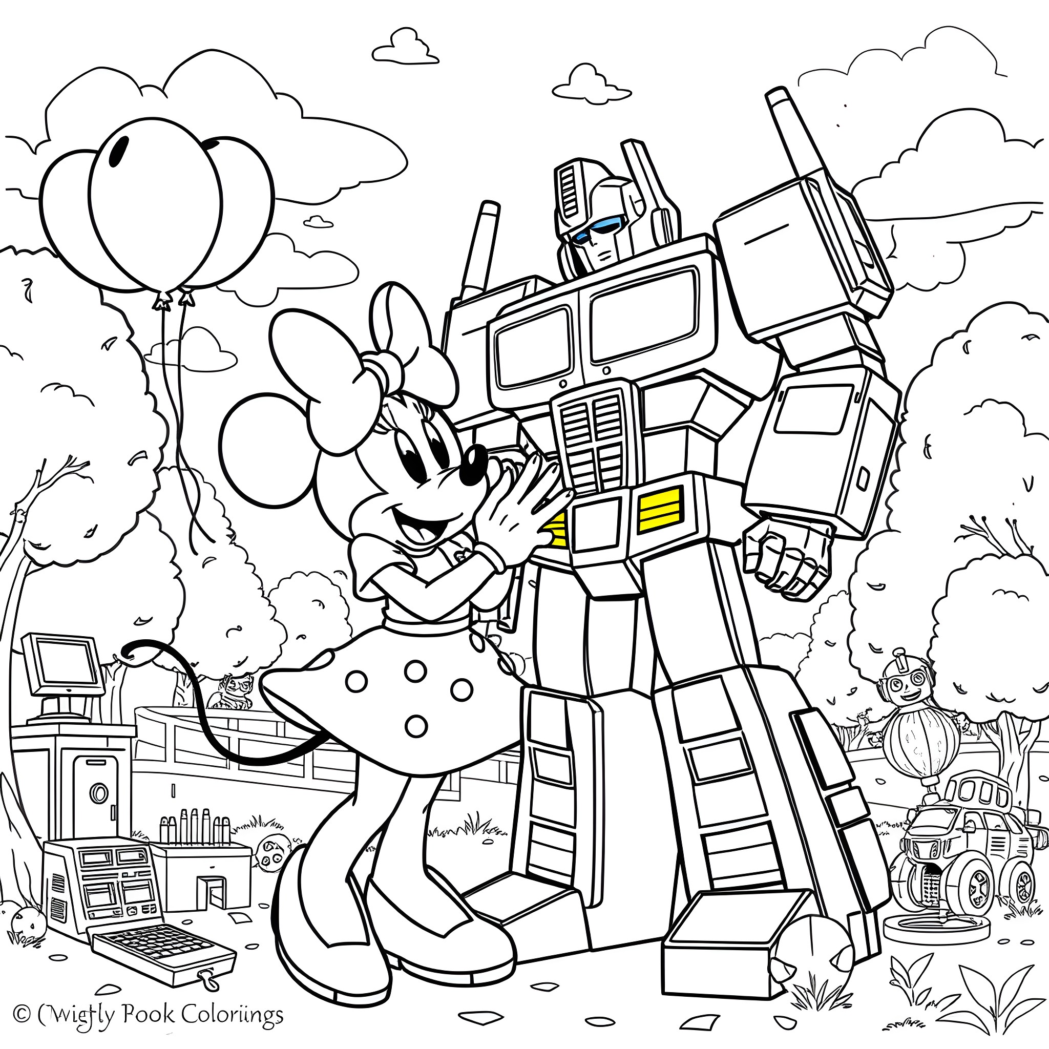 Minnie Mouse and the Transforming Robot Adventure Coloring Page (free black-and-white line drawing printable PDF for all, from beginners to advanced learners, including children, teens, adults, and seniors)