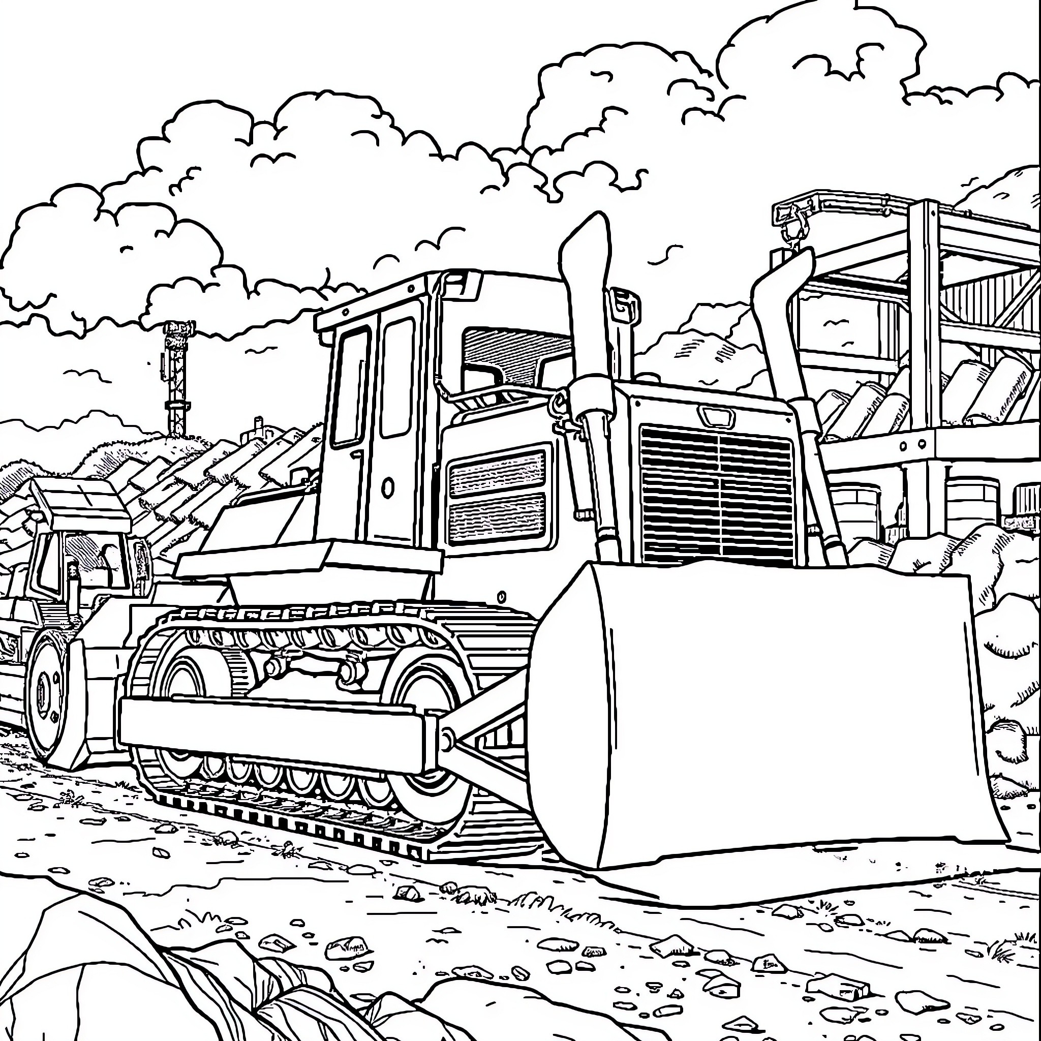 Caterpillar bulldozer working on construction site Coloring Page (free black-and-white line drawing printable PDF for all, from beginners to advanced learners, including children, teens, adults, and seniors)