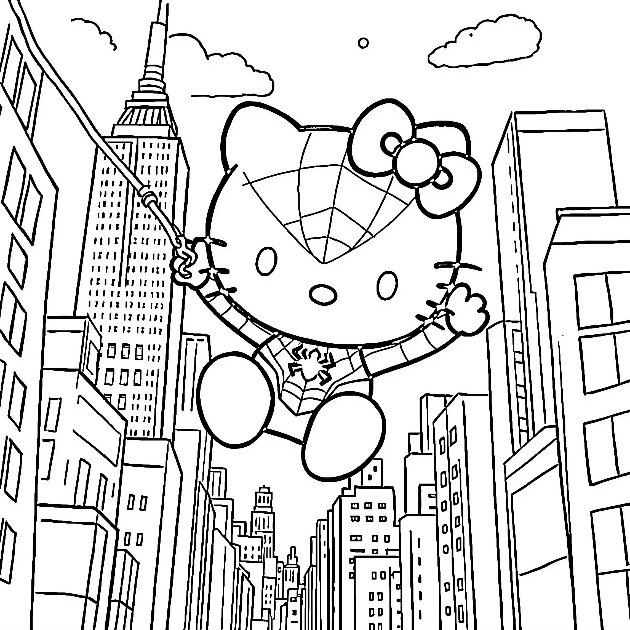 Hello Kitty exploring the city skyline Coloring Page (free black-and-white line drawing printable PDF for all, from beginners to advanced learners, including children, teens, adults, and seniors)
