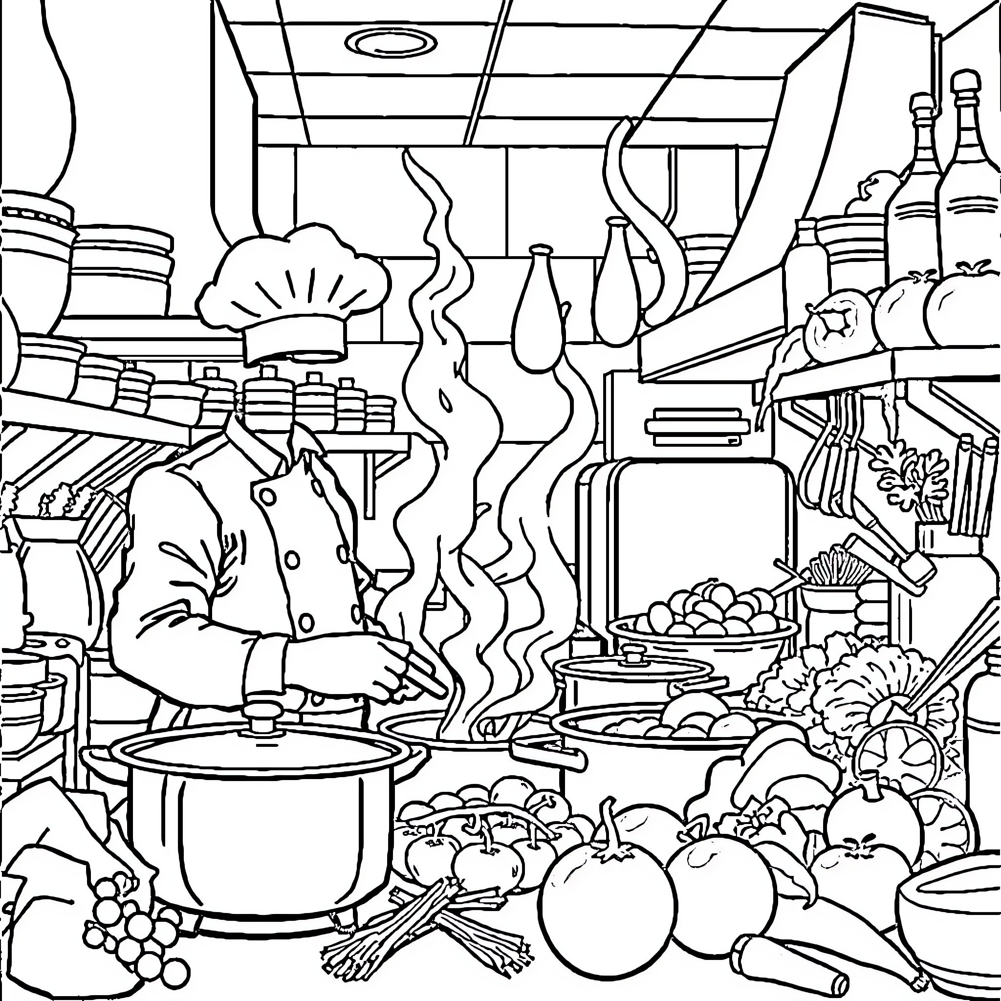 Chef Prepares Delectable Dishes in a Bustling Kitchen Coloring Page (free black-and-white line drawing printable PDF for all, from beginners to advanced learners, including children, teens, adults, and seniors)