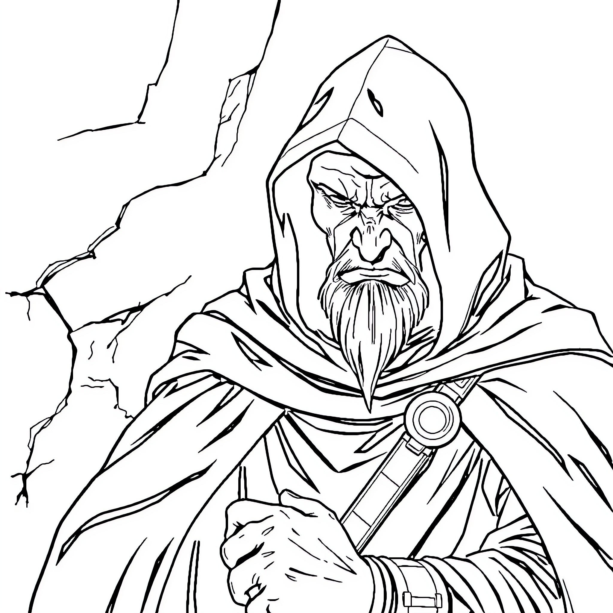 Sith Lord in Hooded Robes Wielding Lightsaber Coloring Page (free black-and-white line drawing printable PDF for all, from beginners to advanced learners, including children, teens, adults, and seniors)