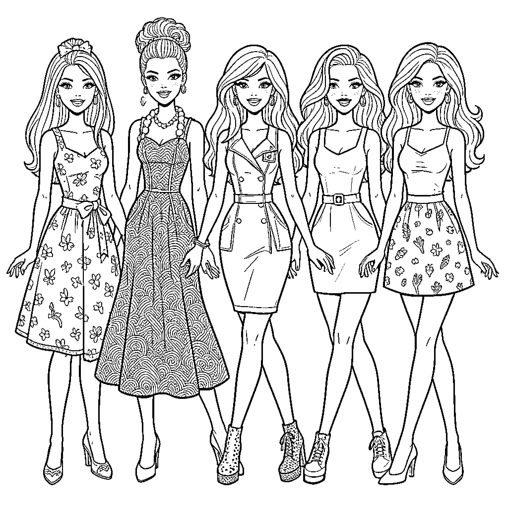Barbie dolls showcasing diverse fashion and styles Coloring Page (free black-and-white line drawing printable PDF for all, from beginners to advanced learners, including children, teens, adults, and seniors)