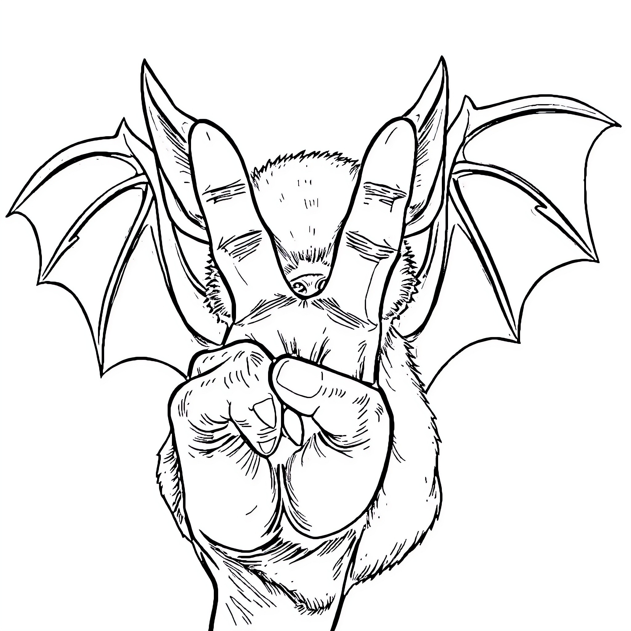 Bat creature showing peace sign with wings Coloring Page (free black-and-white line drawing printable PDF for all, from beginners to advanced learners, including children, teens, adults, and seniors)