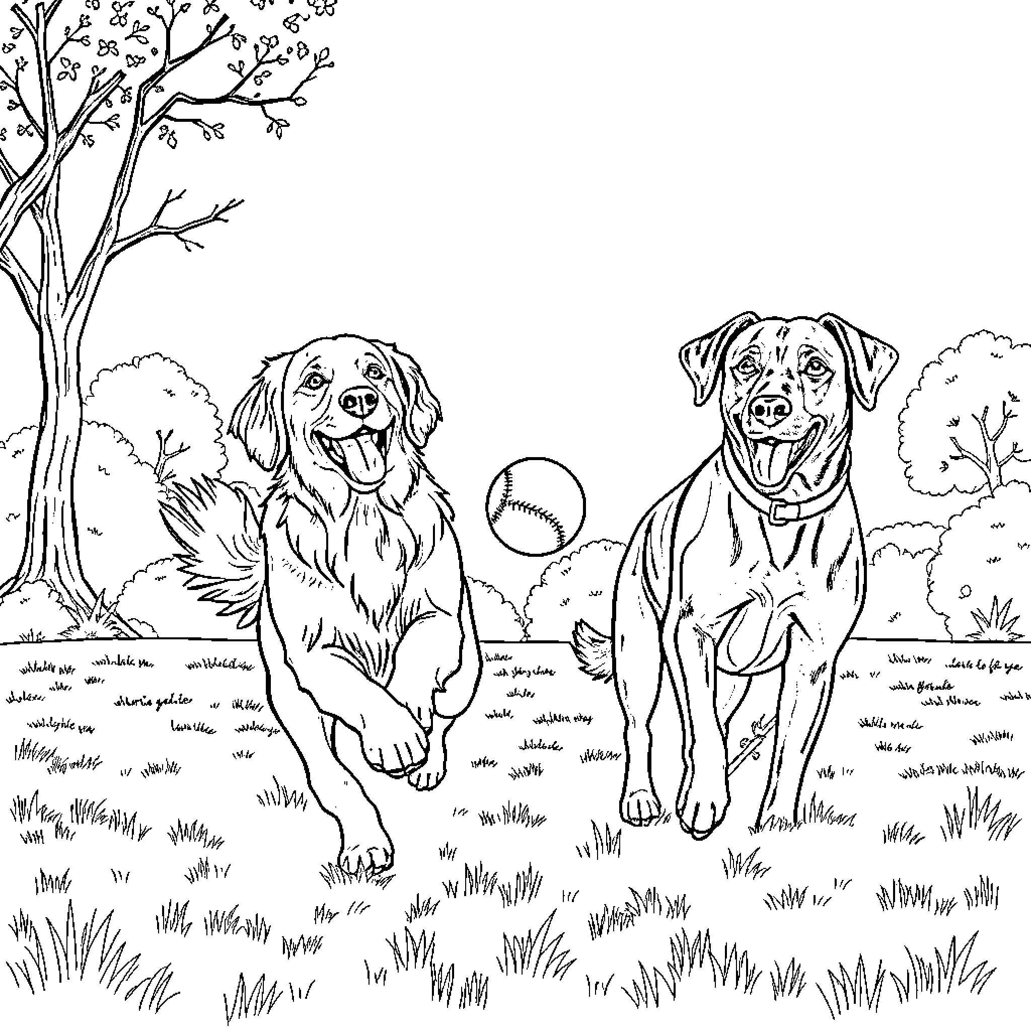 Dogs playing with ball in the park Coloring Page (free black-and-white line drawing printable PDF for all, from beginners to advanced learners, including children, teens, adults, and seniors)