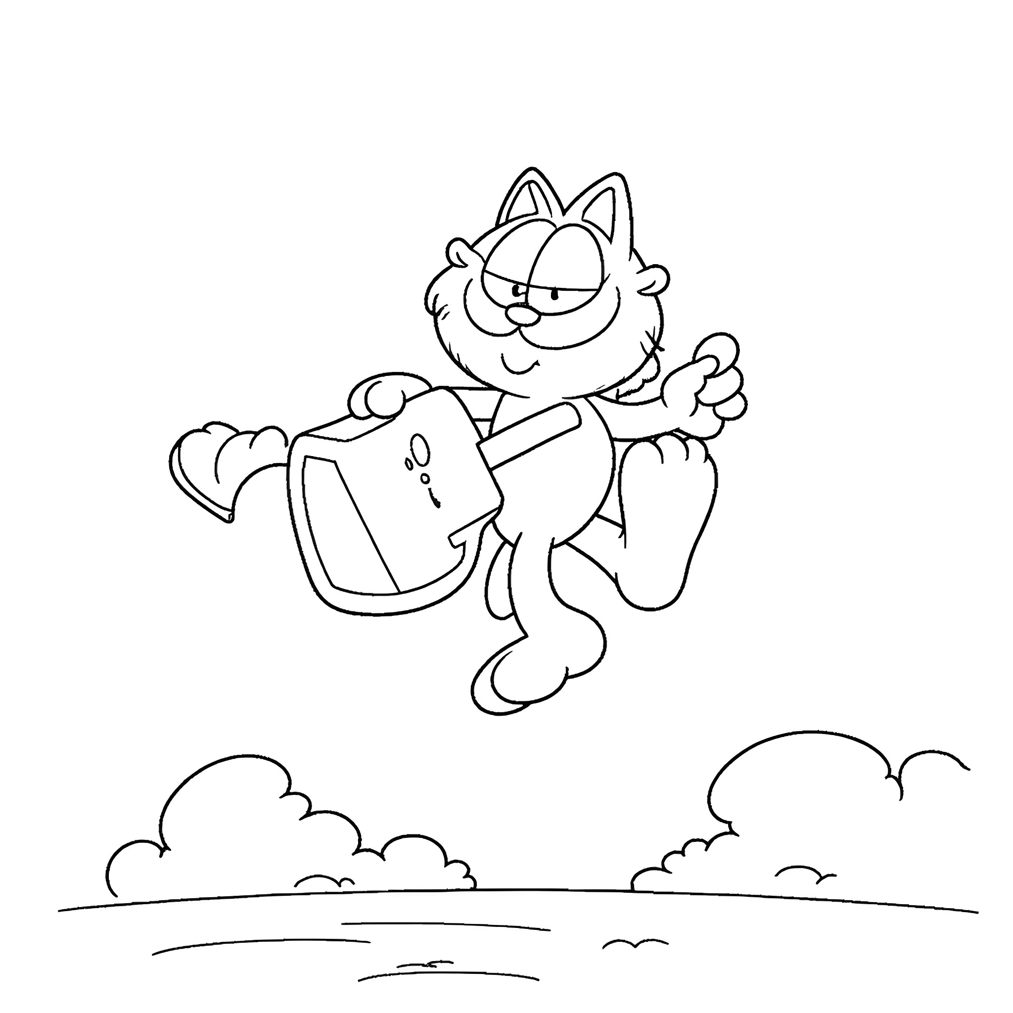 Garfield enjoying a playful day outdoors Coloring Page (free black-and-white line drawing printable PDF for all, from beginners to advanced learners, including children, teens, adults, and seniors)