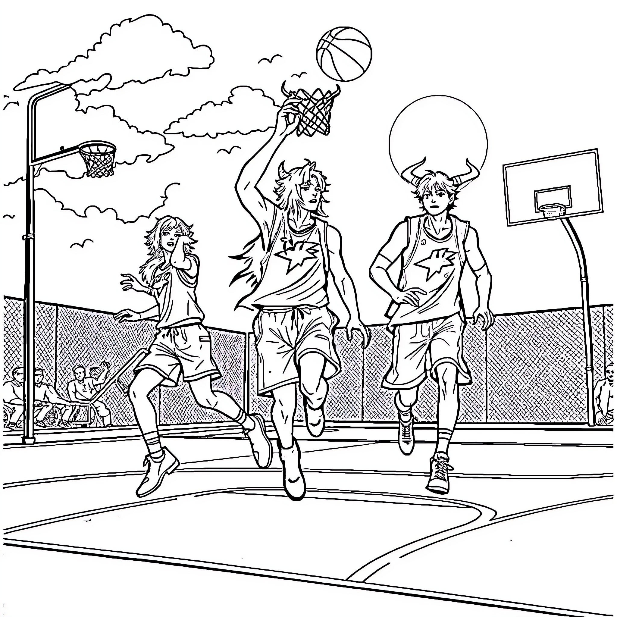 Demon Hunter Basketball Players Competing on Court Coloring Page (free black-and-white line drawing printable PDF for all, from beginners to advanced learners, including children, teens, adults, and seniors)