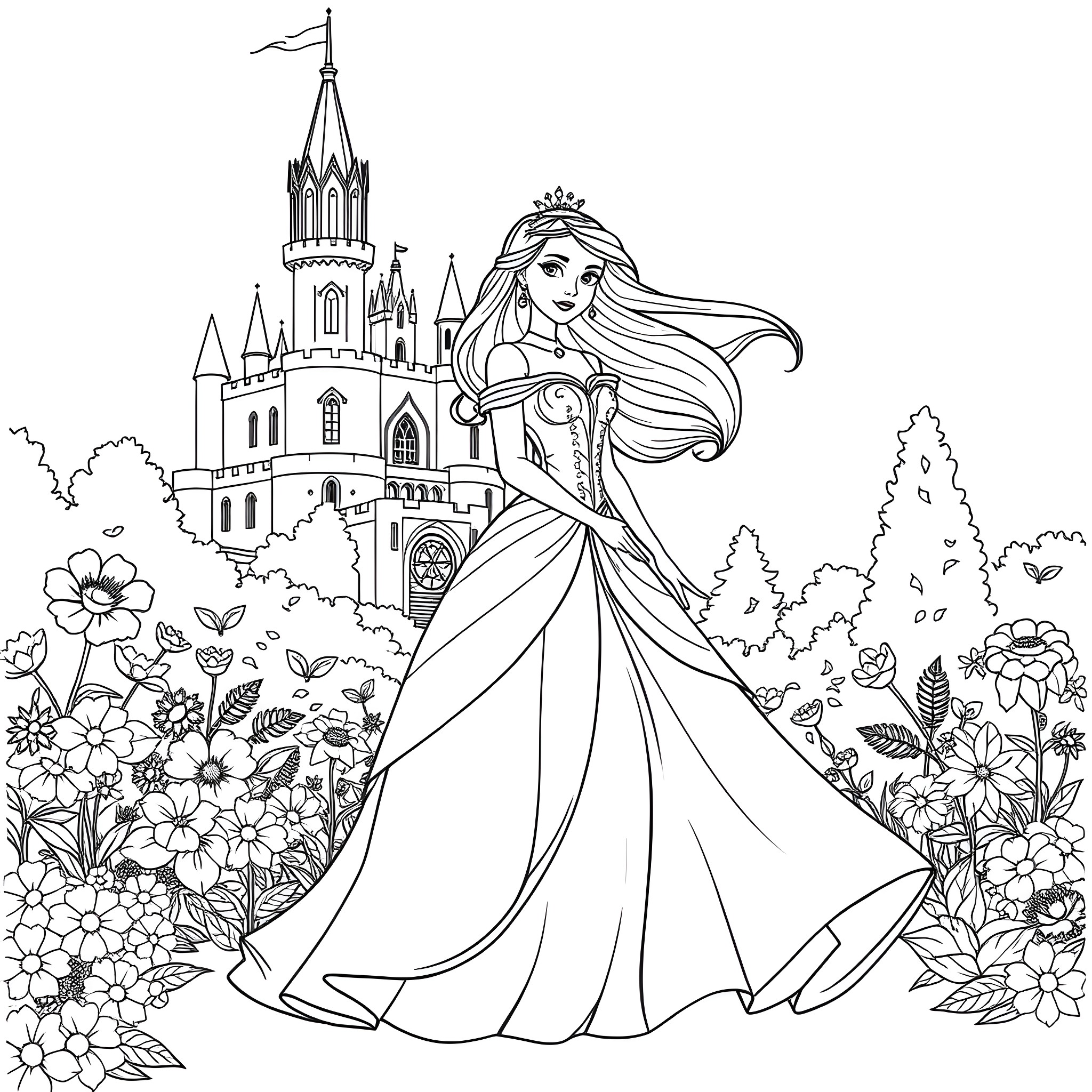 Princess in a Fairytale Castle Garden Coloring Page (free black-and-white line drawing printable PDF for all, from beginners to advanced learners, including children, teens, adults, and seniors)