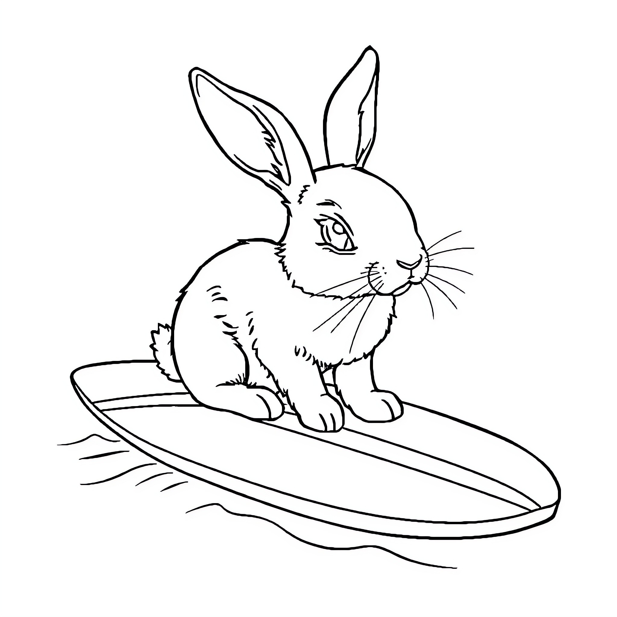 Lapin riding a surfboard Coloring Page (free black-and-white line drawing printable PDF for all, from beginners to advanced learners, including children, teens, adults, and seniors)