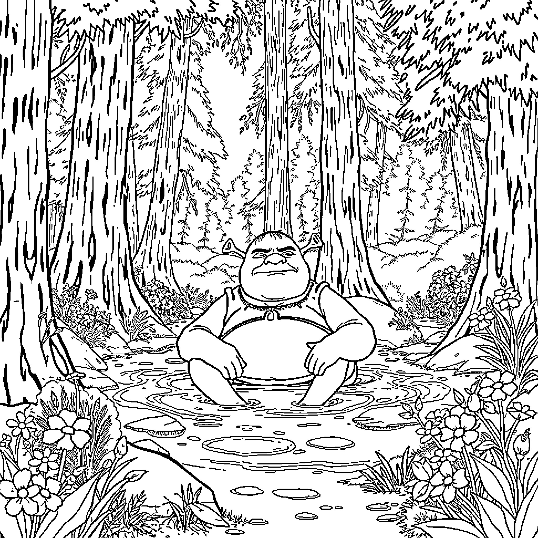 Shrek relaxing in a serene forest pond Coloring Page (free black-and-white line drawing printable PDF for all, from beginners to advanced learners, including children, teens, adults, and seniors)