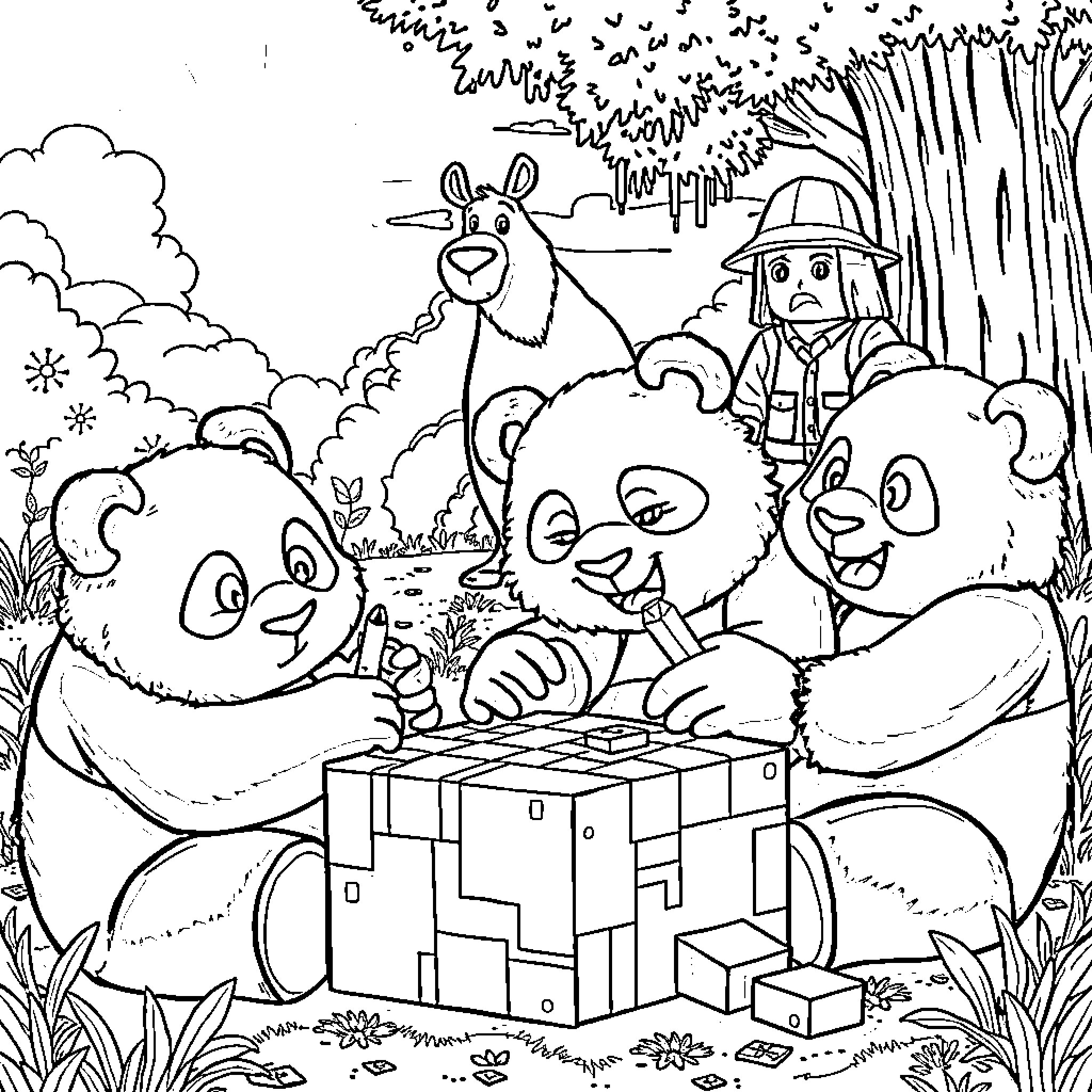 Panda Friends Exploring Nature Together Coloring Page (free black-and-white line drawing printable PDF for all, from beginners to advanced learners, including children, teens, adults, and seniors)