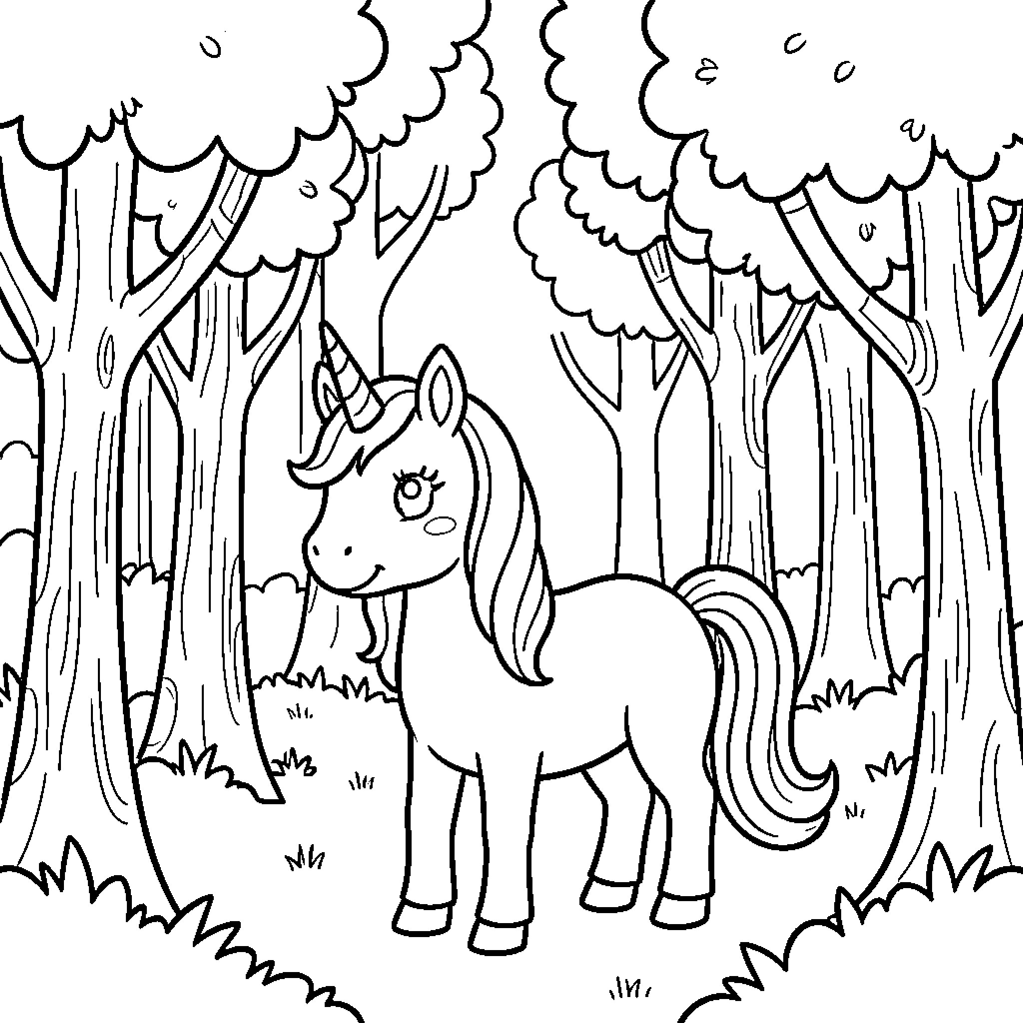 Unicorn exploring the enchanted forest Coloring Page (free black-and-white line drawing printable PDF for all, from beginners to advanced learners, including children, teens, adults, and seniors)