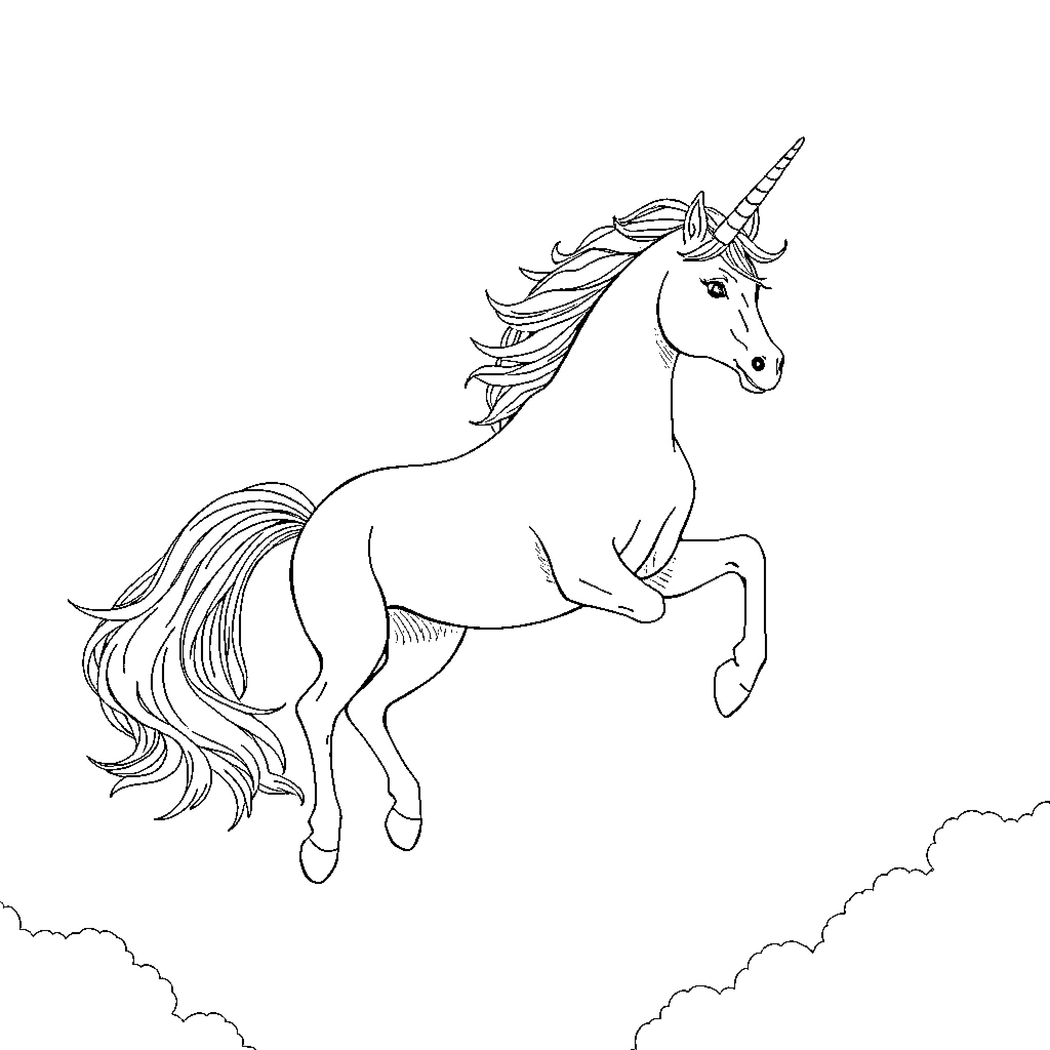 Unicorn leaping gracefully through the clouds Coloring Page (free black-and-white line drawing printable PDF for all, from beginners to advanced learners, including children, teens, adults, and seniors)