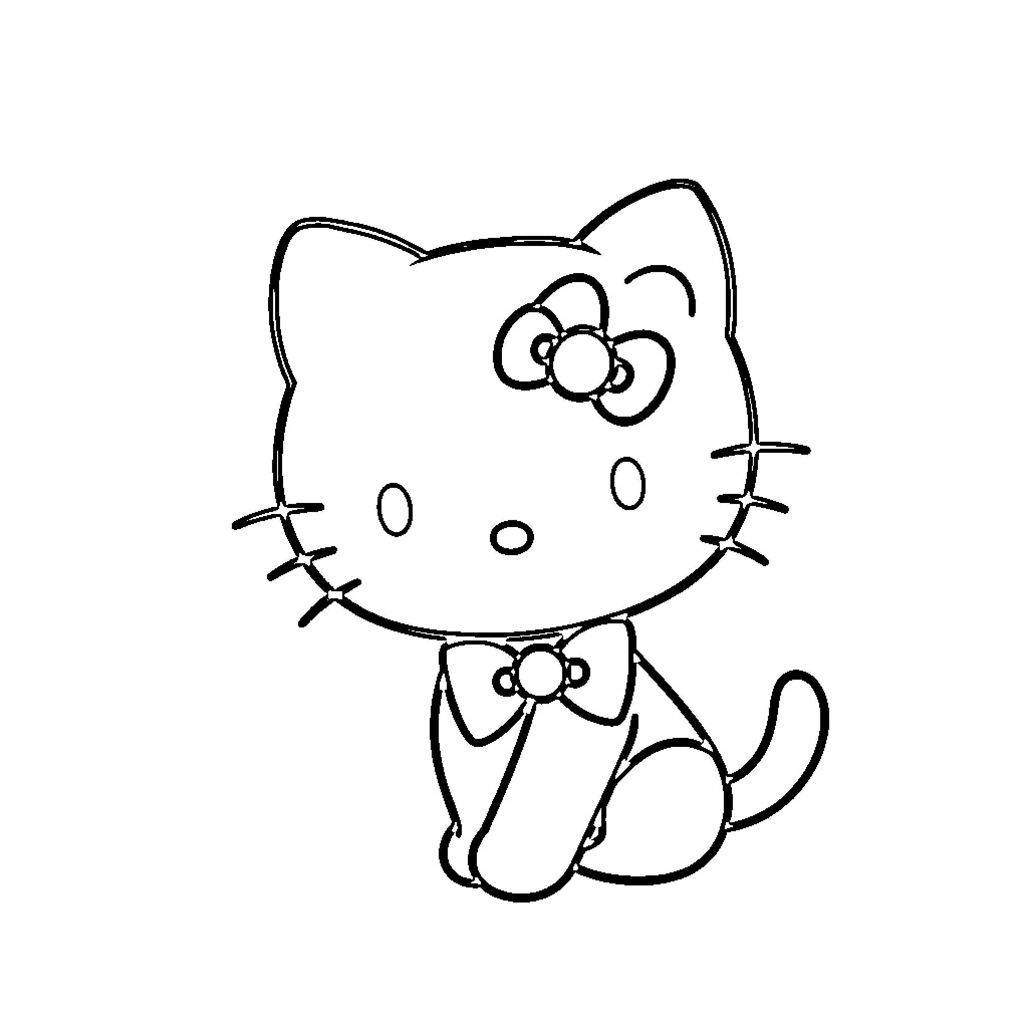 Hello Kitty sitting and smiling Coloring Page (free black-and-white line drawing printable PDF for all, from beginners to advanced learners, including children, teens, adults, and seniors)