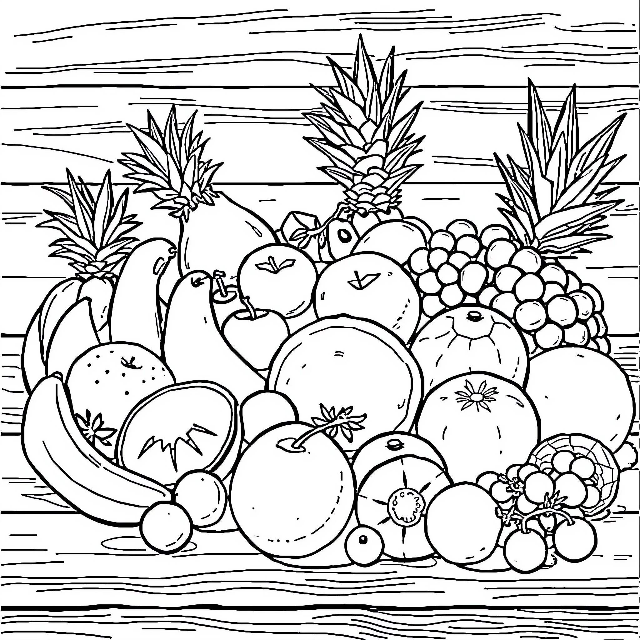 Fruit Basket with Vibrant Produce Coloring Page (free black-and-white line drawing printable PDF for all, from beginners to advanced learners, including children, teens, adults, and seniors)