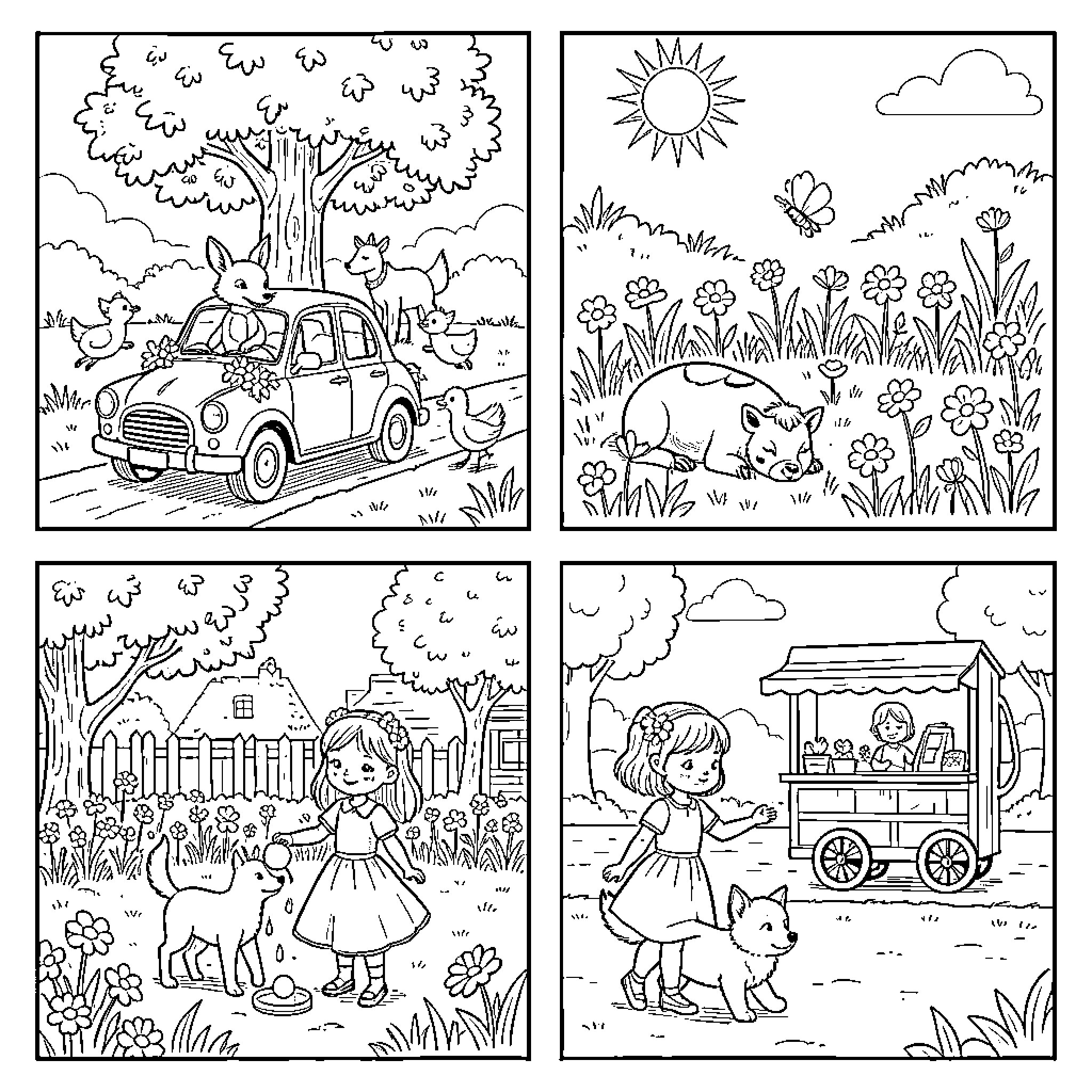 Children's Outdoor Scenes with Nature and Activities Coloring Page (free black-and-white line drawing printable PDF for all, from beginners to advanced learners, including children, teens, adults, and seniors)