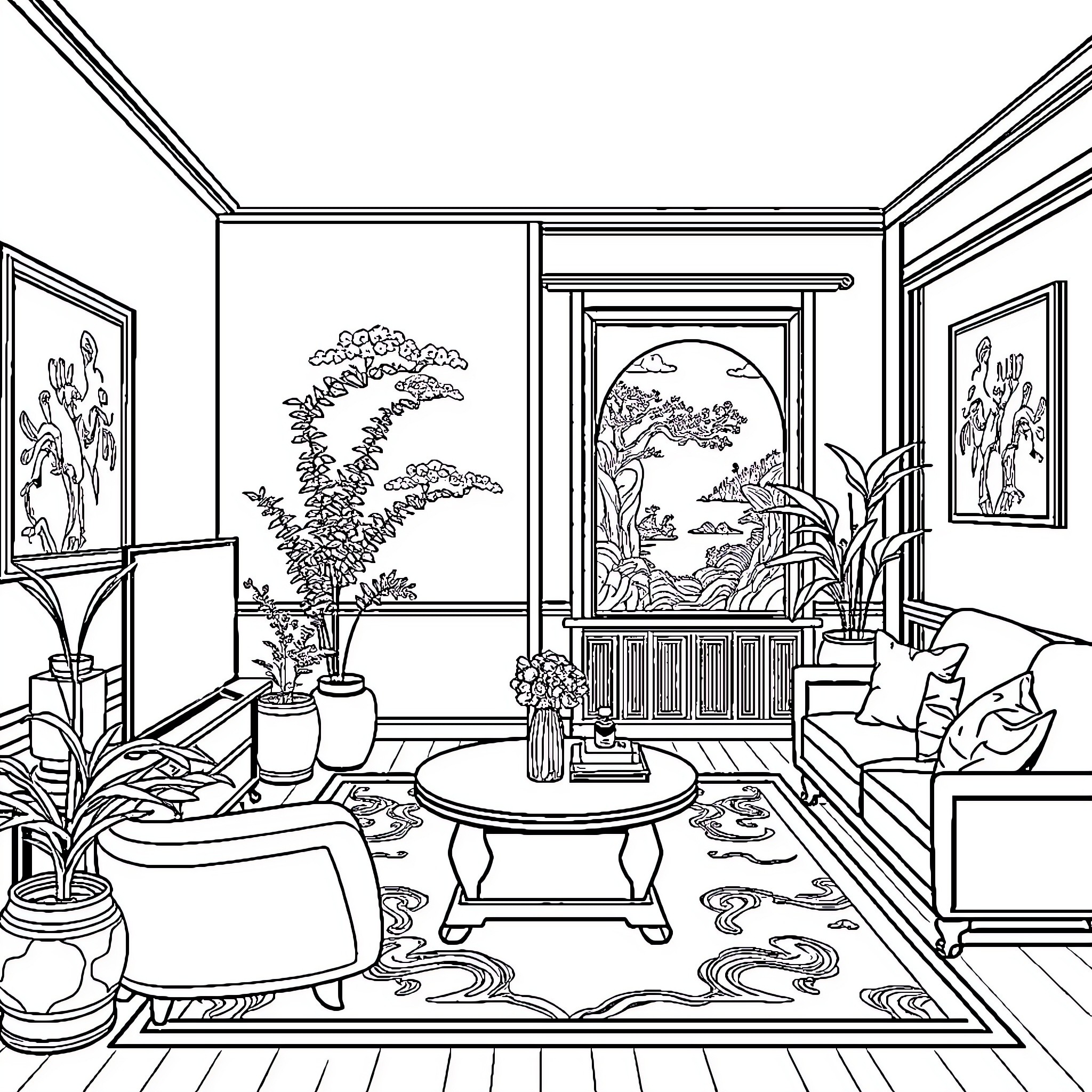Asian Minimalist Dwelling with Nature-Inspired Decor Coloring Page (free black-and-white line drawing printable PDF for all, from beginners to advanced learners, including children, teens, adults, and seniors)