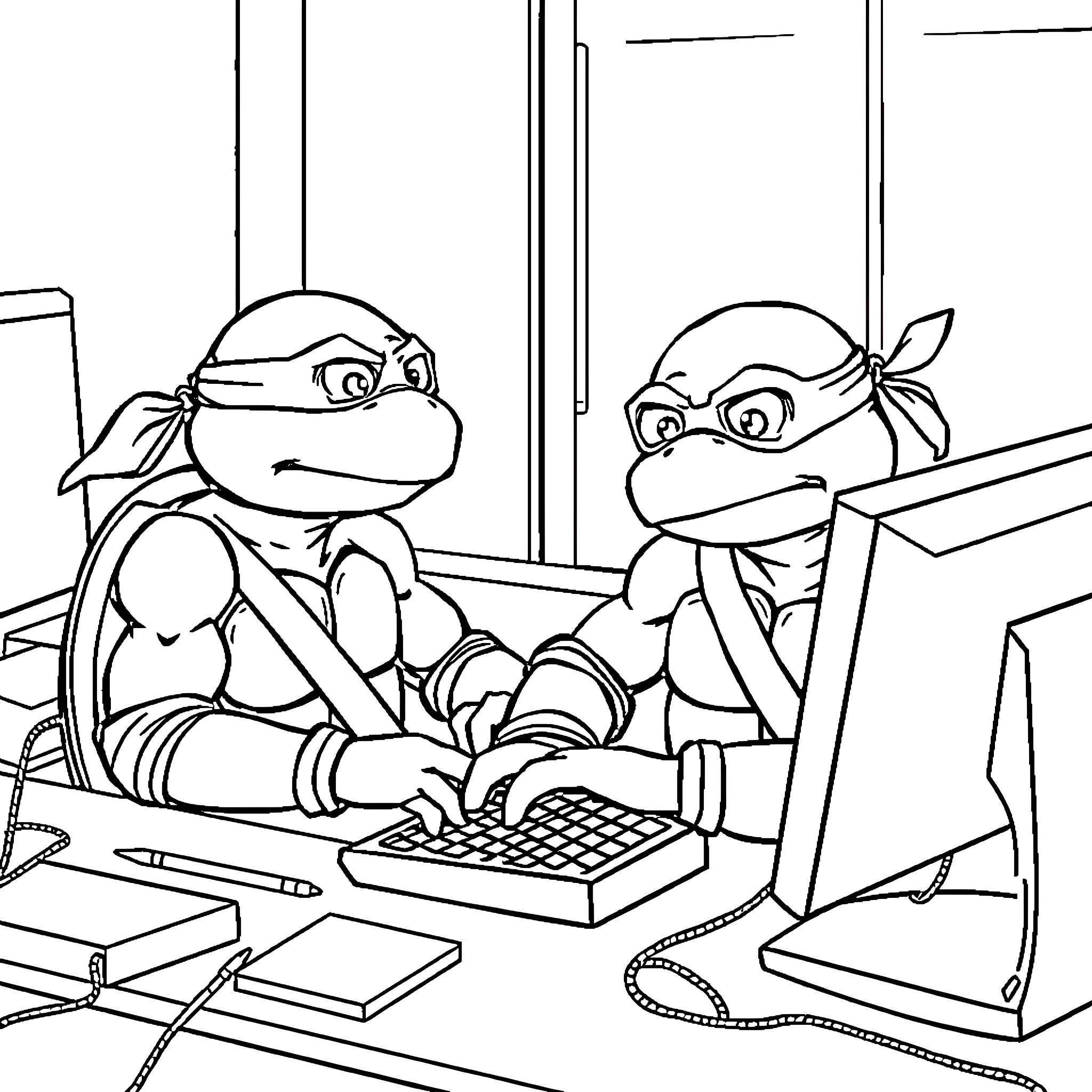 Ninja Turtles working diligently at computers Coloring Page (free black-and-white line drawing printable PDF for all, from beginners to advanced learners, including children, teens, adults, and seniors)