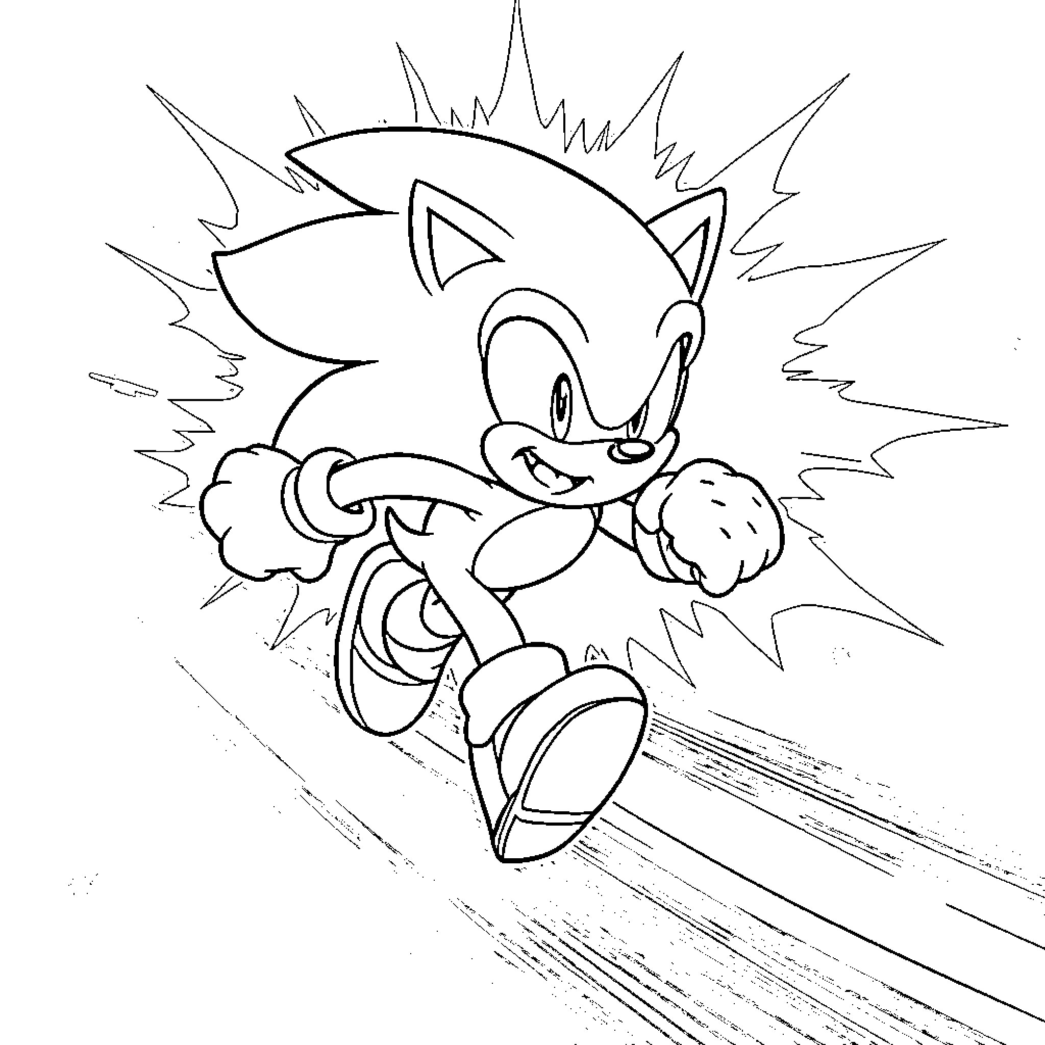 Sonic the Hedgehog racing at high speed Coloring Page (free black-and-white line drawing printable PDF for all, from beginners to advanced learners, including children, teens, adults, and seniors)