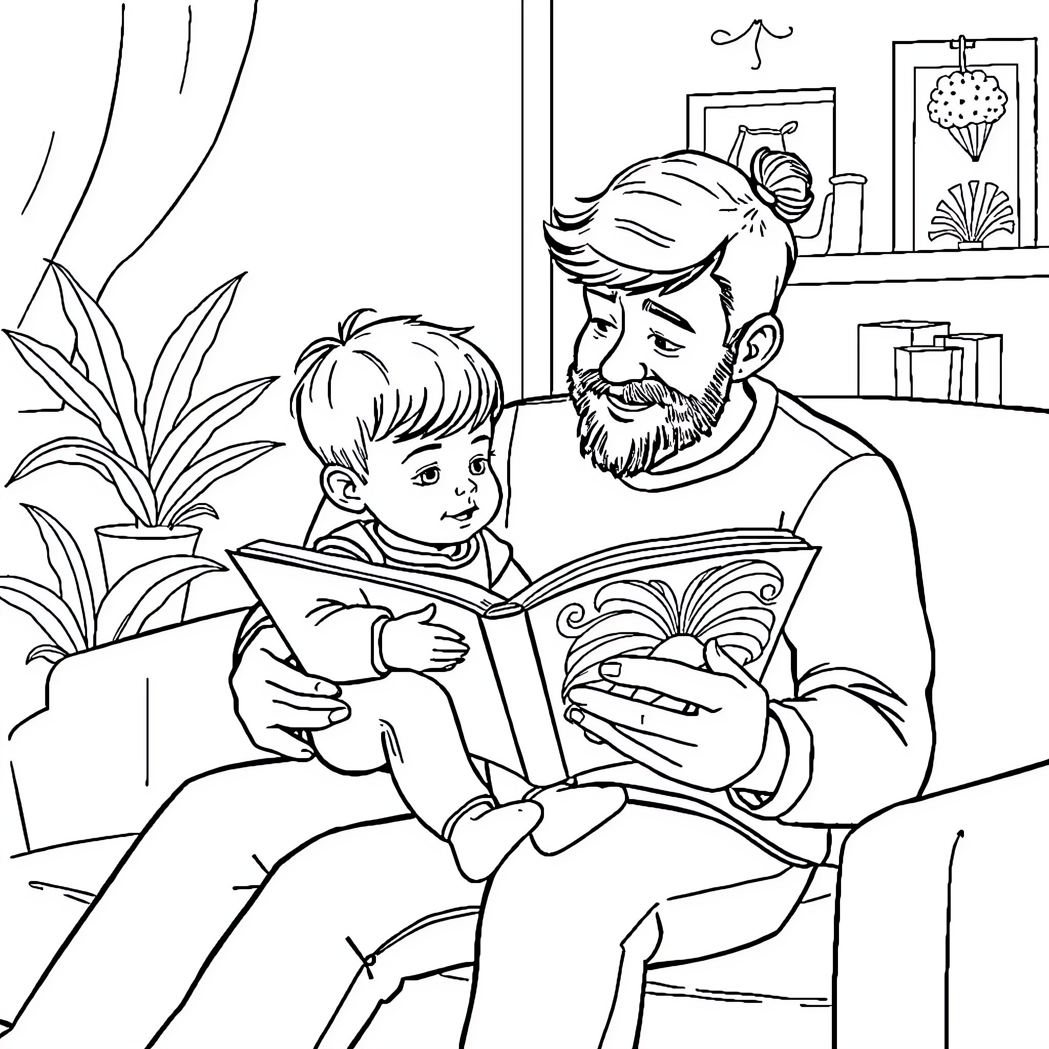 Child enjoying story time with father Coloring Page (free black-and-white line drawing printable PDF for all, from beginners to advanced learners, including children, teens, adults, and seniors)