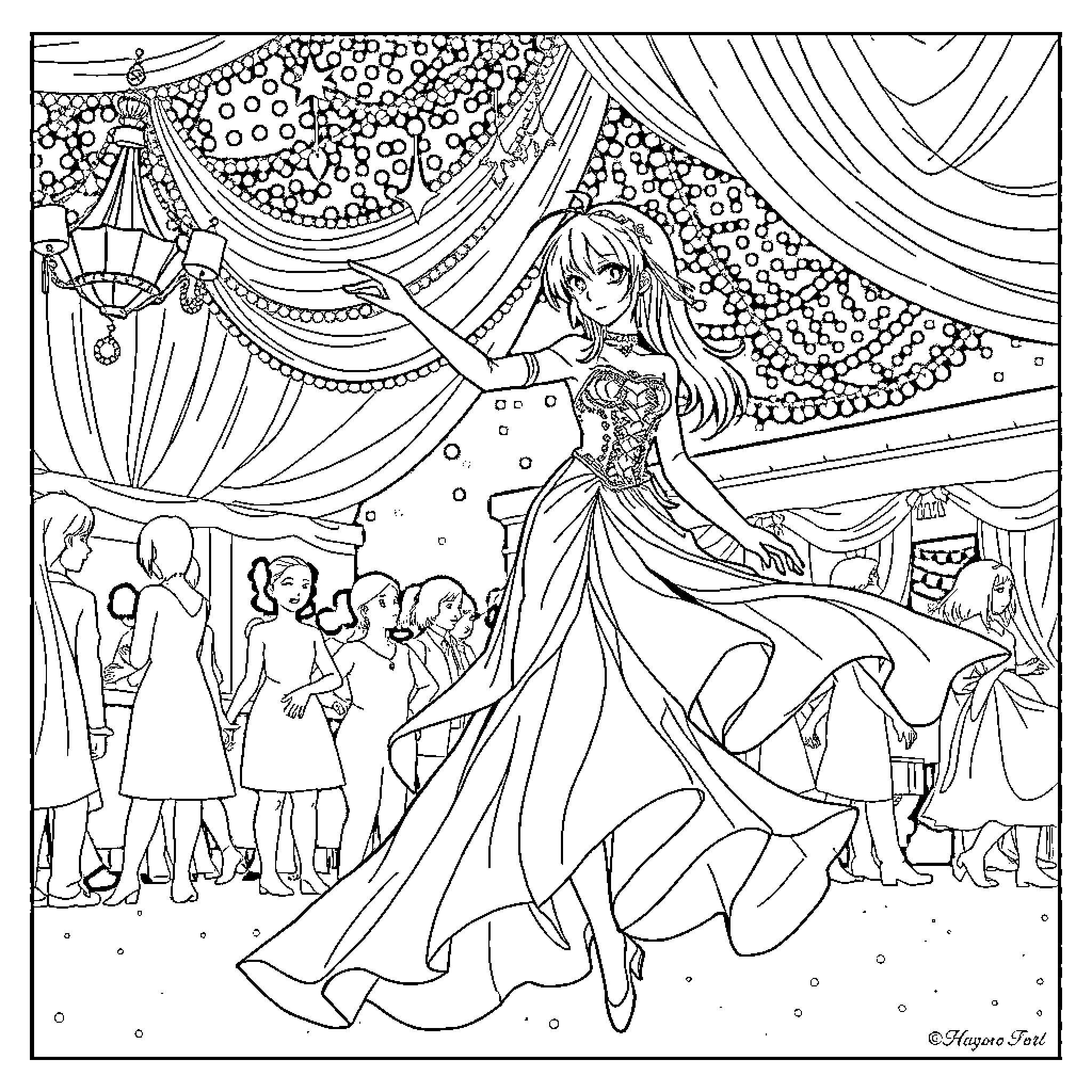 Sakura Dancer's Performance at the Ballroom Gala Coloring Page (free black-and-white line drawing printable PDF for all, from beginners to advanced learners, including children, teens, adults, and seniors)