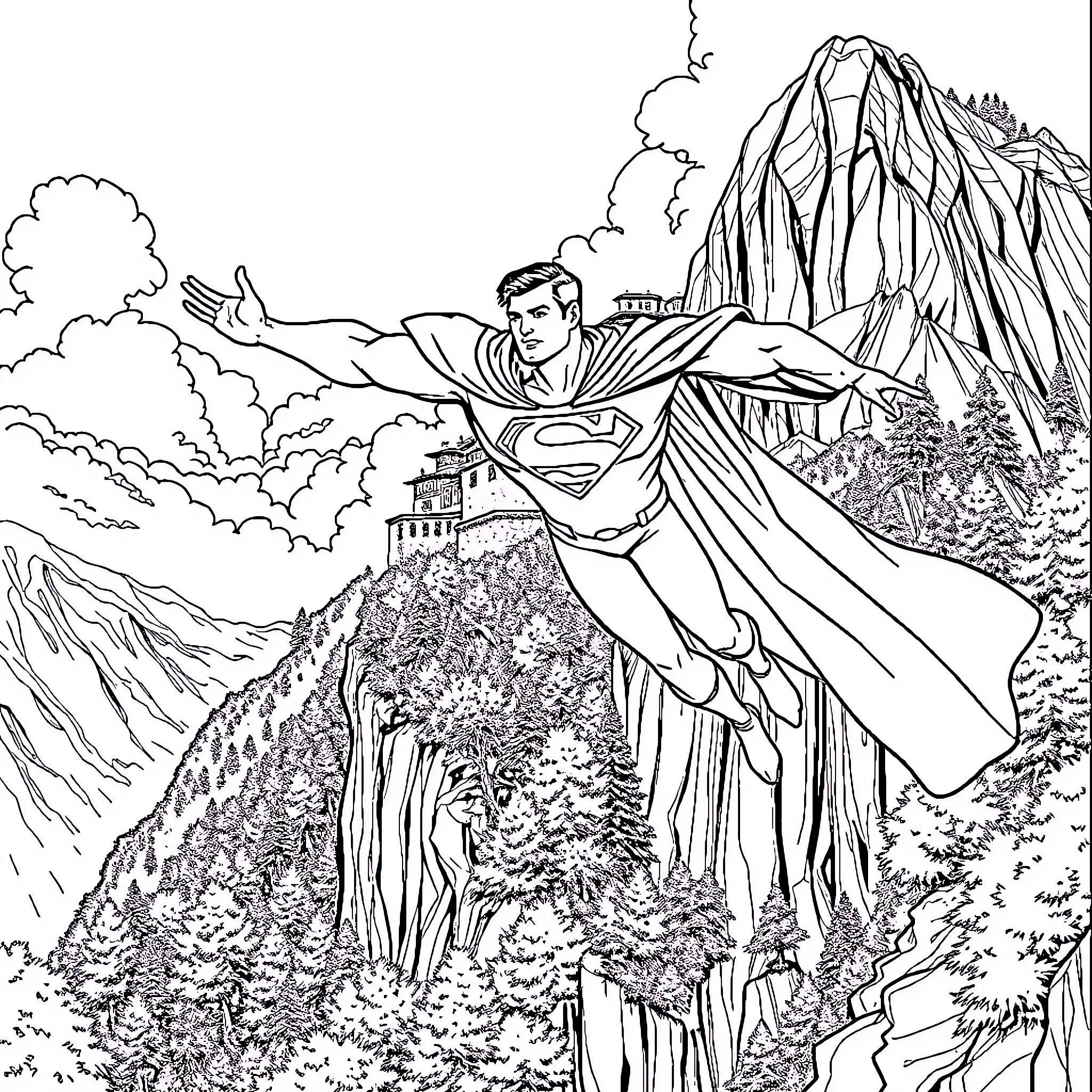 Superman soaring over majestic mountain scenery Coloring Page (free black-and-white line drawing printable PDF for all, from beginners to advanced learners, including children, teens, adults, and seniors)