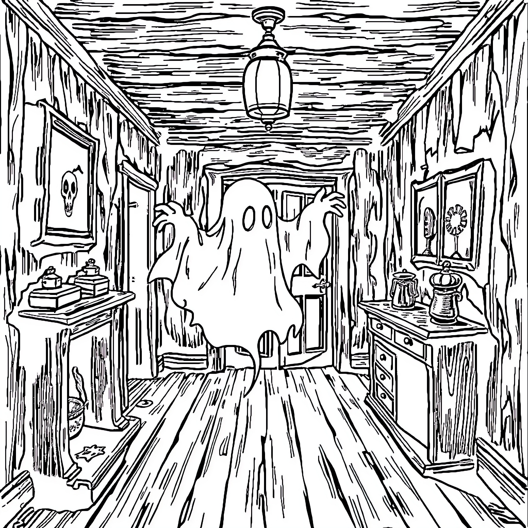 Ghost Haunting an Abandoned Hallway Coloring Page (free black-and-white line drawing printable PDF for all, from beginners to advanced learners, including children, teens, adults, and seniors)
