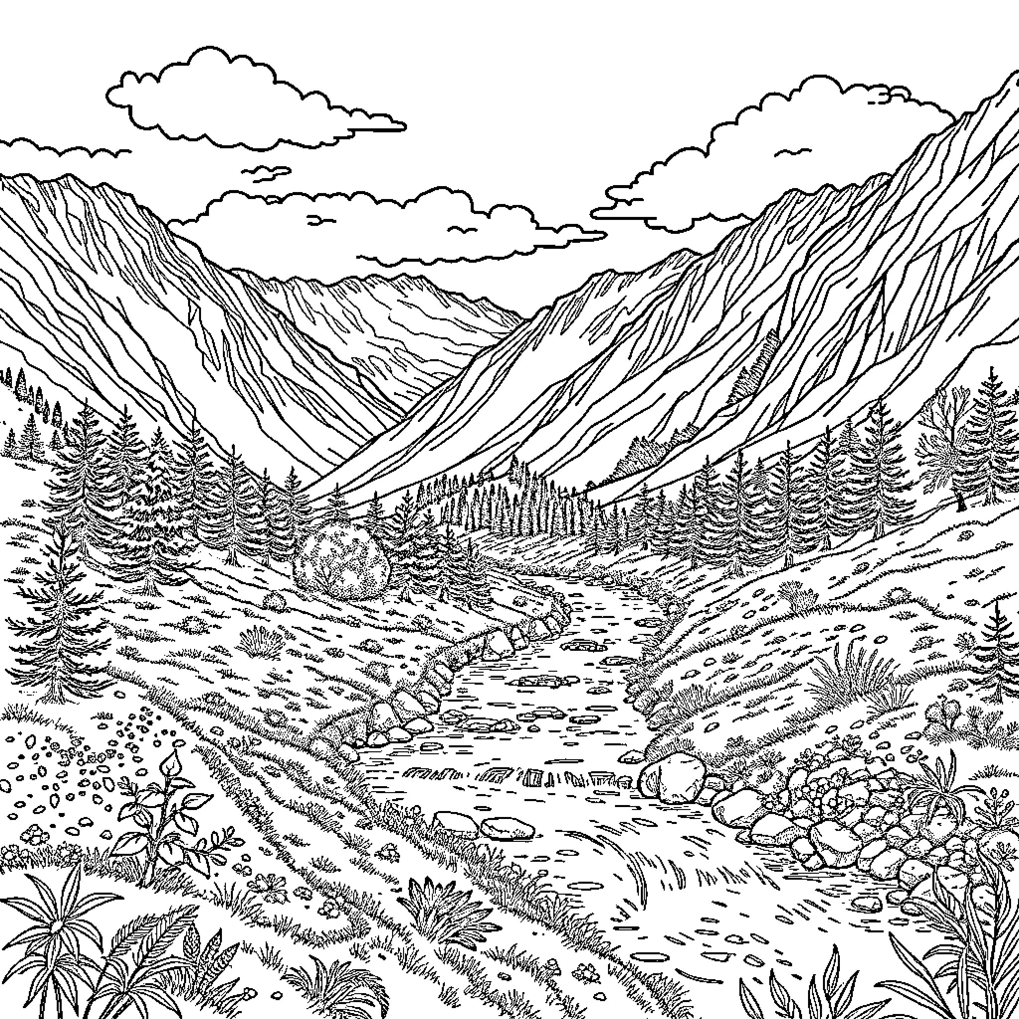 Mountain landscape with winding trail and nature Coloring Page (free black-and-white line drawing printable PDF for all, from beginners to advanced learners, including children, teens, adults, and seniors)