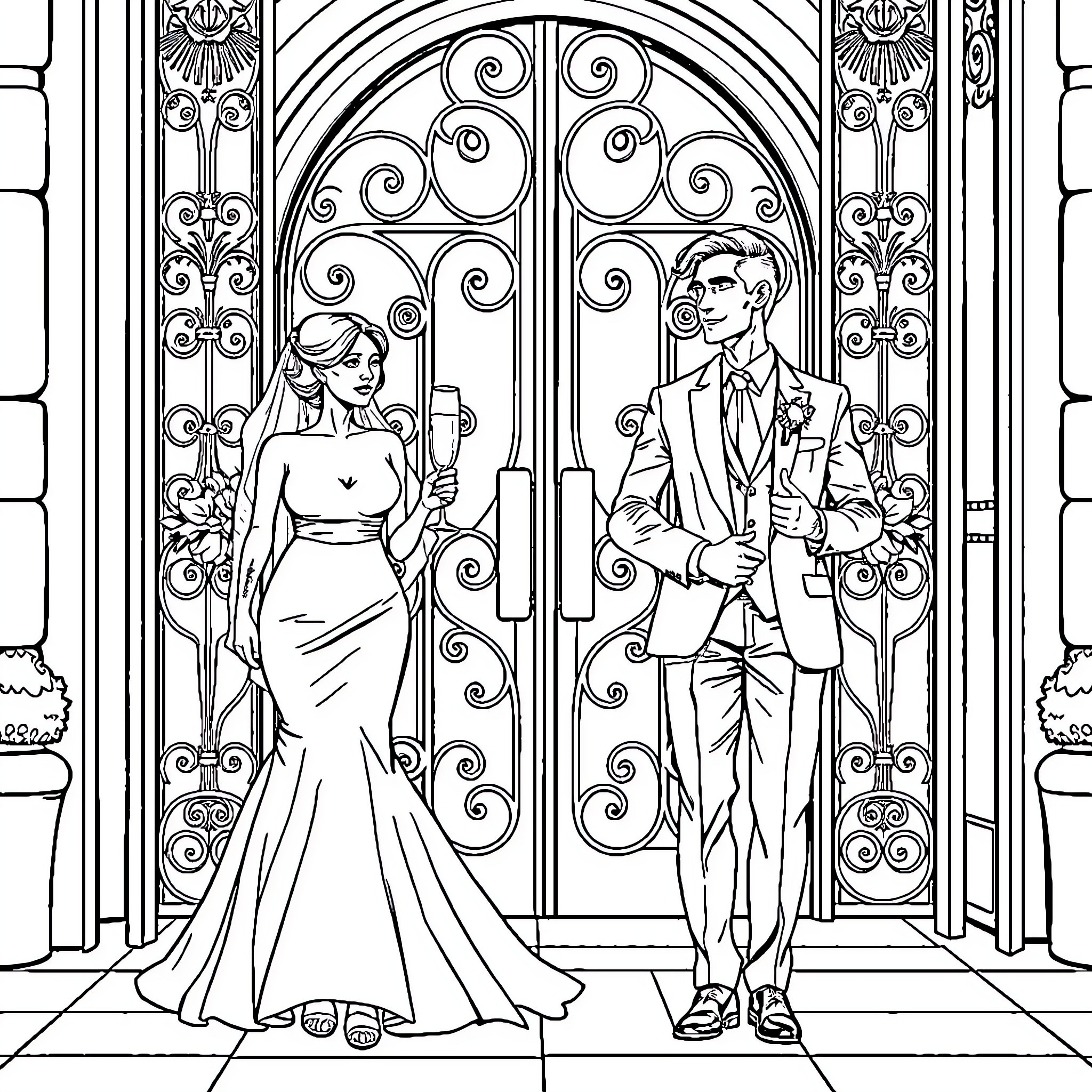 Bride and Groom at Ornate Entrance Coloring Page (free black-and-white line drawing printable PDF for all, from beginners to advanced learners, including children, teens, adults, and seniors)
