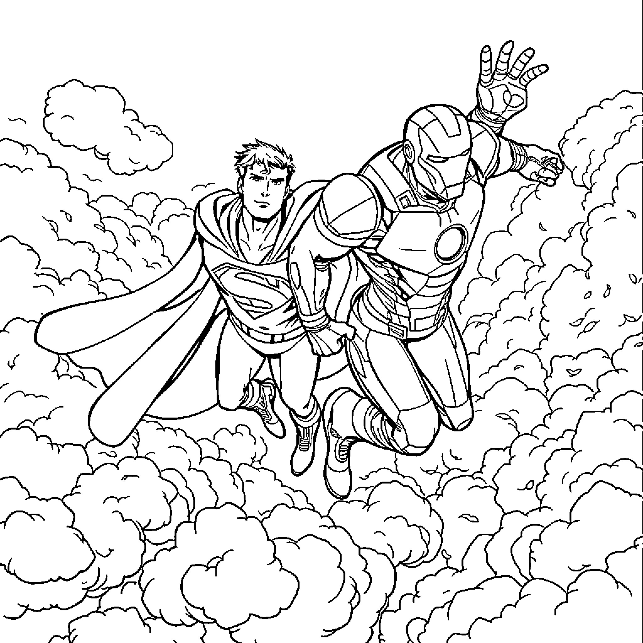 Superman and Iron Man flying through the clouds Coloring Page (free black-and-white line drawing printable PDF for all, from beginners to advanced learners, including children, teens, adults, and seniors)