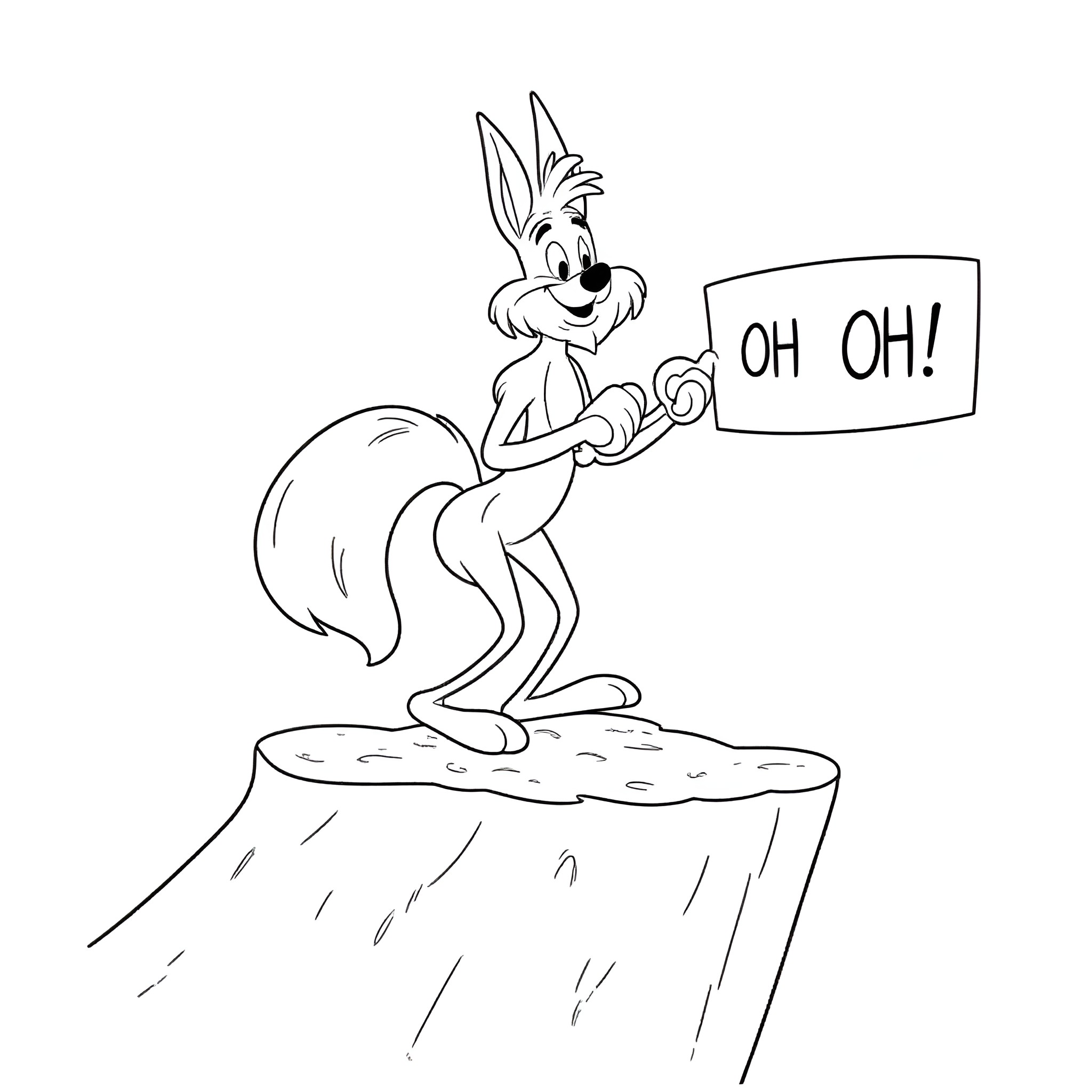Wile E. Coyote expressing surprise on a cliff Coloring Page (free black-and-white line drawing printable PDF for all, from beginners to advanced learners, including children, teens, adults, and seniors)