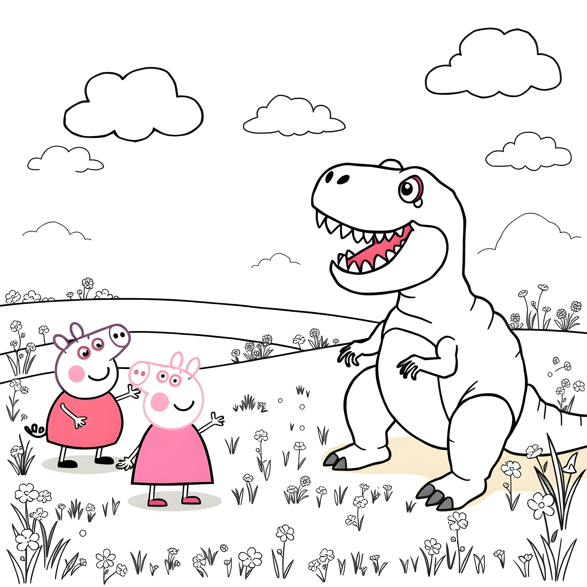 Peppa Pig and friends encounter a friendly dinosaur Coloring Page (free black-and-white line drawing printable PDF for all, from beginners to advanced learners, including children, teens, adults, and seniors)