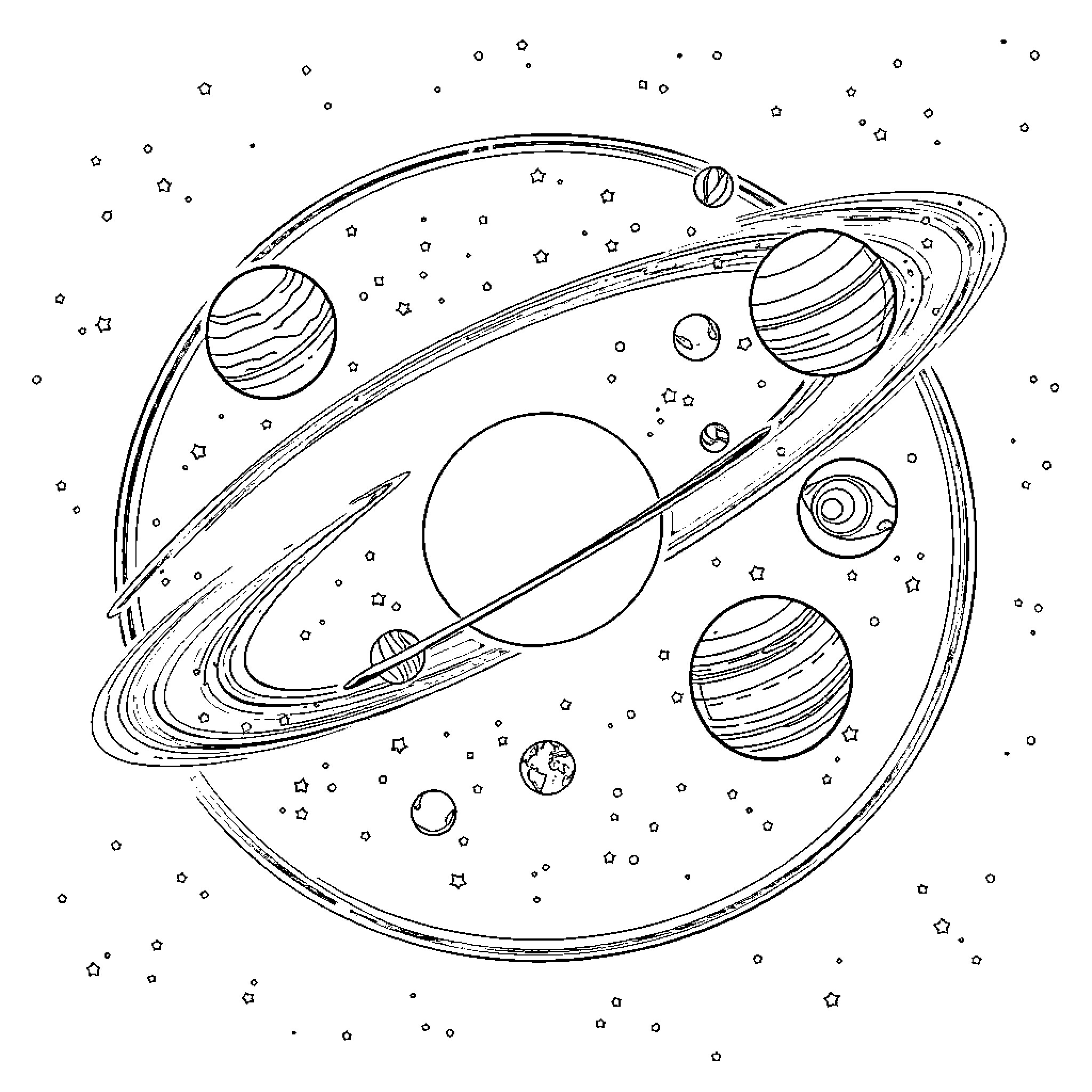 Planet cosmic scene with celestial bodies Coloring Page (free black-and-white line drawing printable PDF for all, from beginners to advanced learners, including children, teens, adults, and seniors)