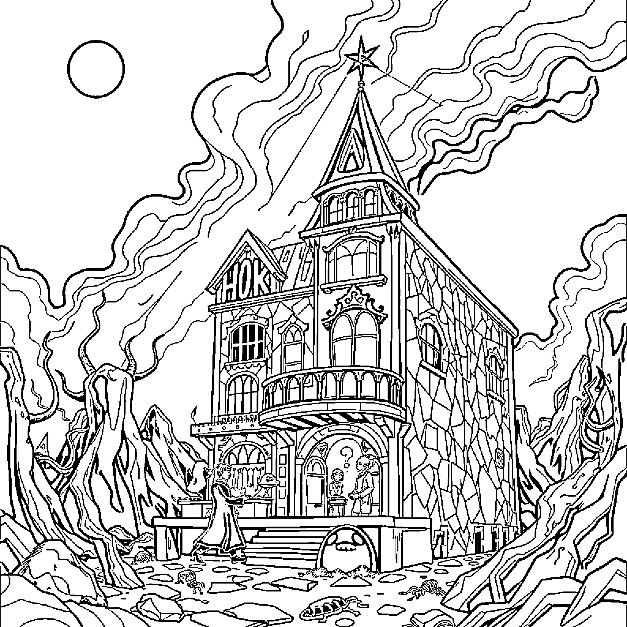 Hazbin Hotel - Ornate Gothic Building Amid Supernatural Landscape Coloring Page (free black-and-white line drawing printable PDF for all, from beginners to advanced learners, including children, teens, adults, and seniors)