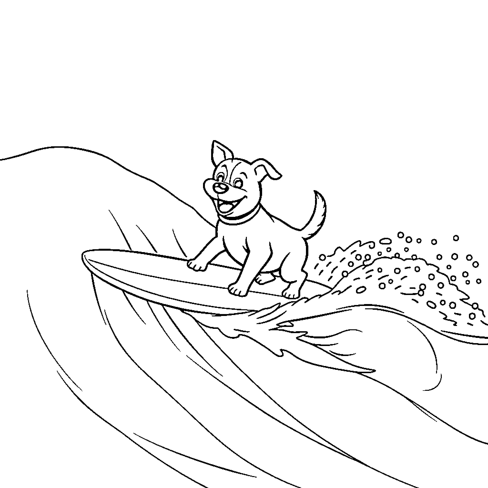 Dog surfing happily on a wave Coloring Page (free black-and-white line drawing printable PDF for all, from beginners to advanced learners, including children, teens, adults, and seniors)