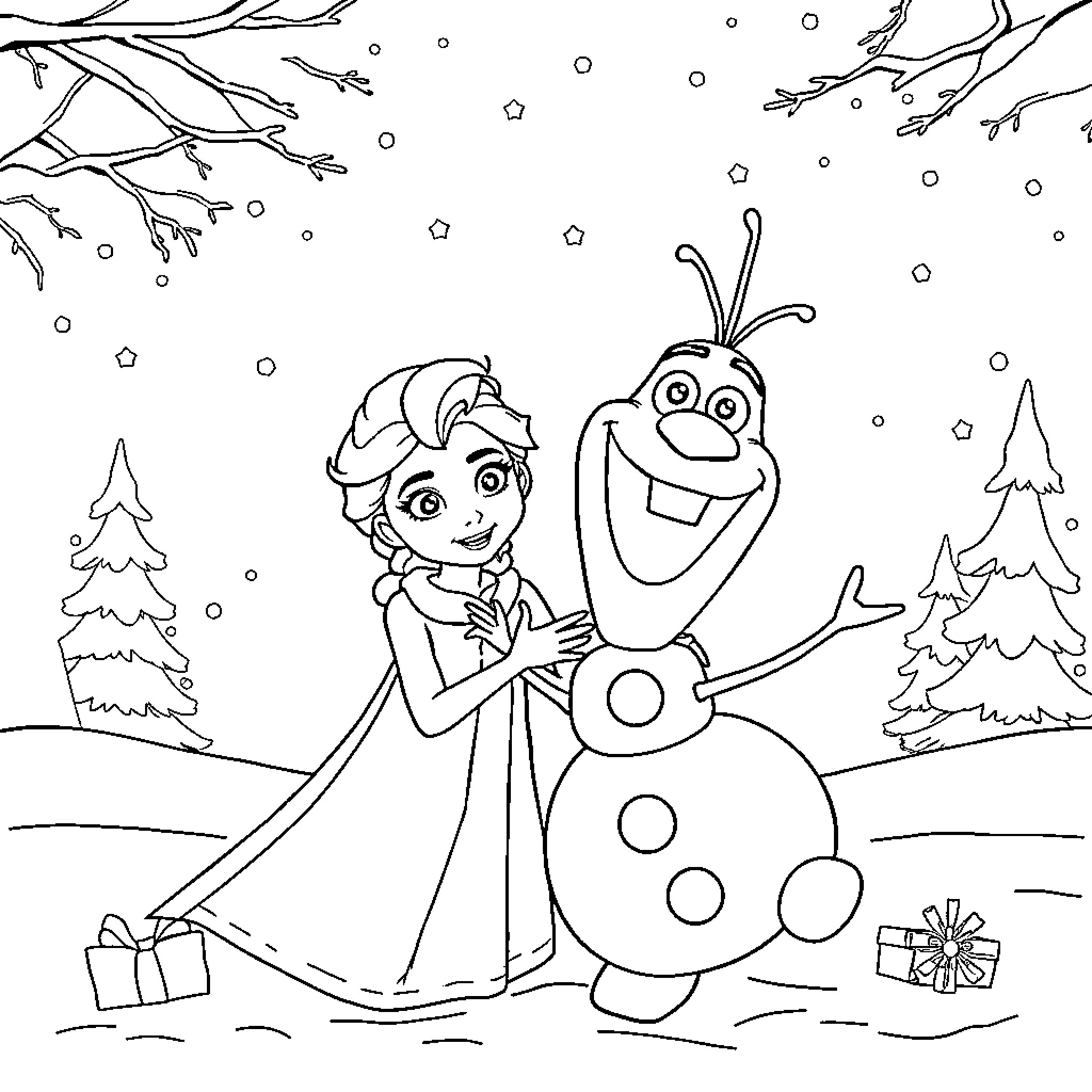Elsa's Winter Adventure with Olaf the Snowman Coloring Page (free black-and-white line drawing printable PDF for all, from beginners to advanced learners, including children, teens, adults, and seniors)