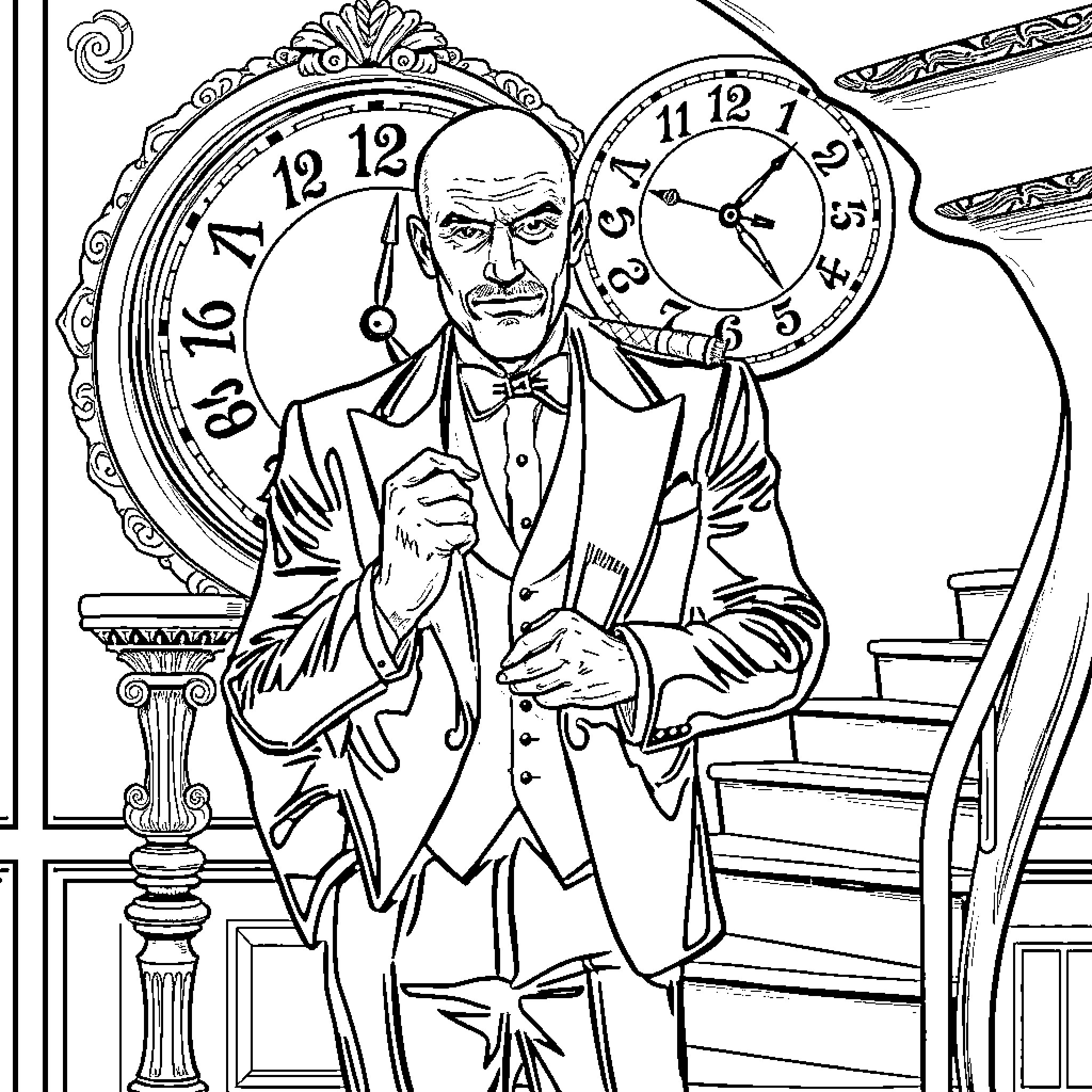 Man in formal attire standing by ornate clocks Coloring Page (free black-and-white line drawing printable PDF for all, from beginners to advanced learners, including children, teens, adults, and seniors)