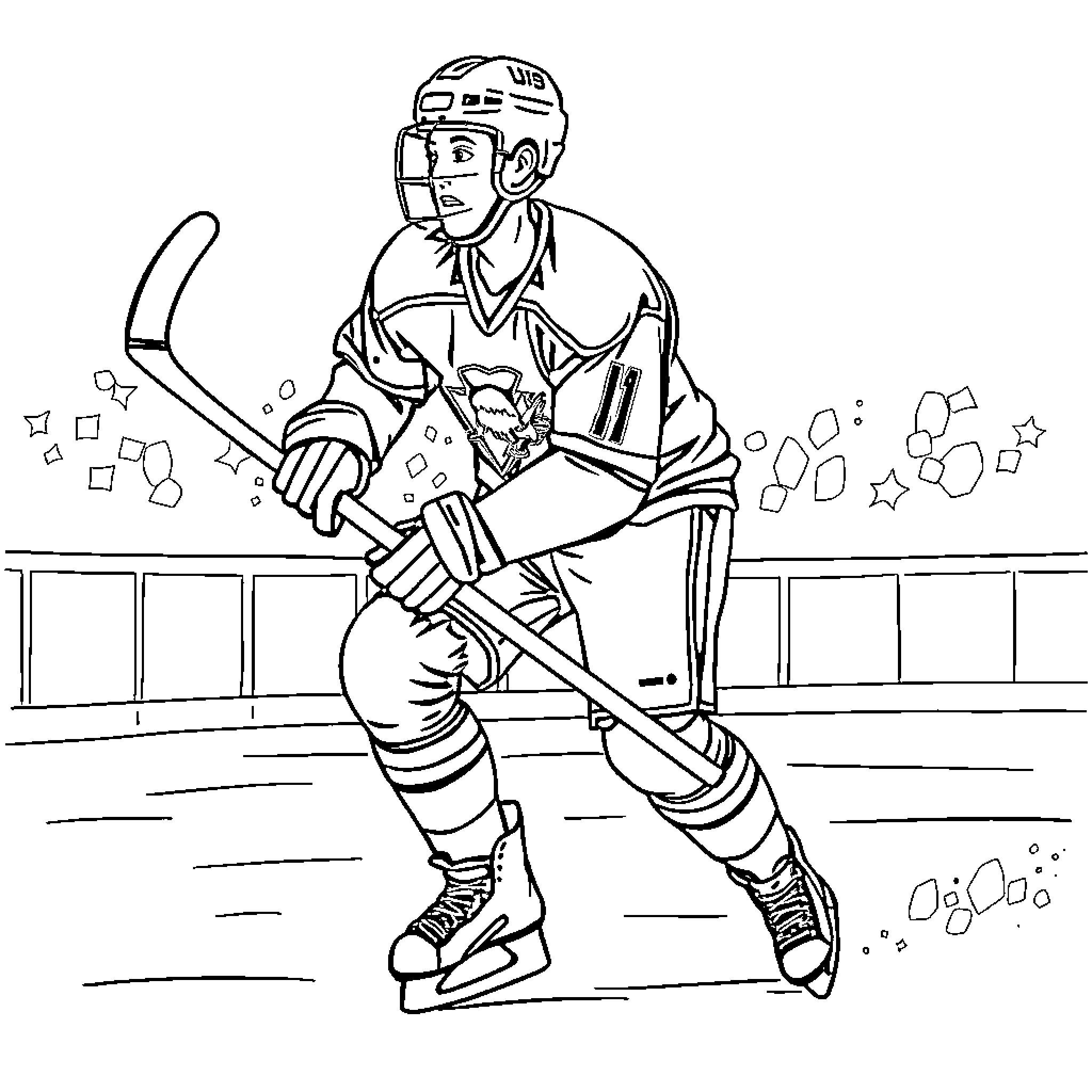 Hockey Player Skating Aggressively on the Ice Rink Coloring Page (free black-and-white line drawing printable PDF for all, from beginners to advanced learners, including children, teens, adults, and seniors)