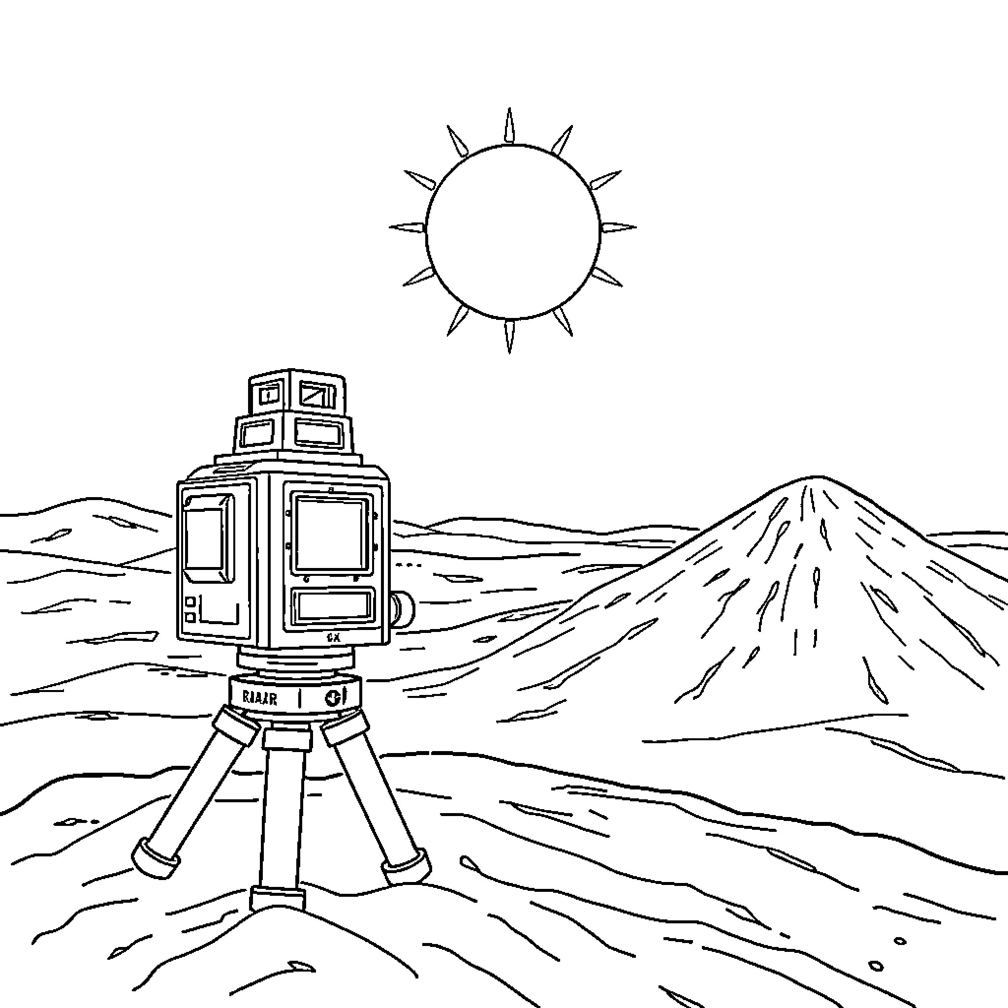 Radar Survey in Desert Landscape Coloring Page (free black-and-white line drawing printable PDF for all, from beginners to advanced learners, including children, teens, adults, and seniors)