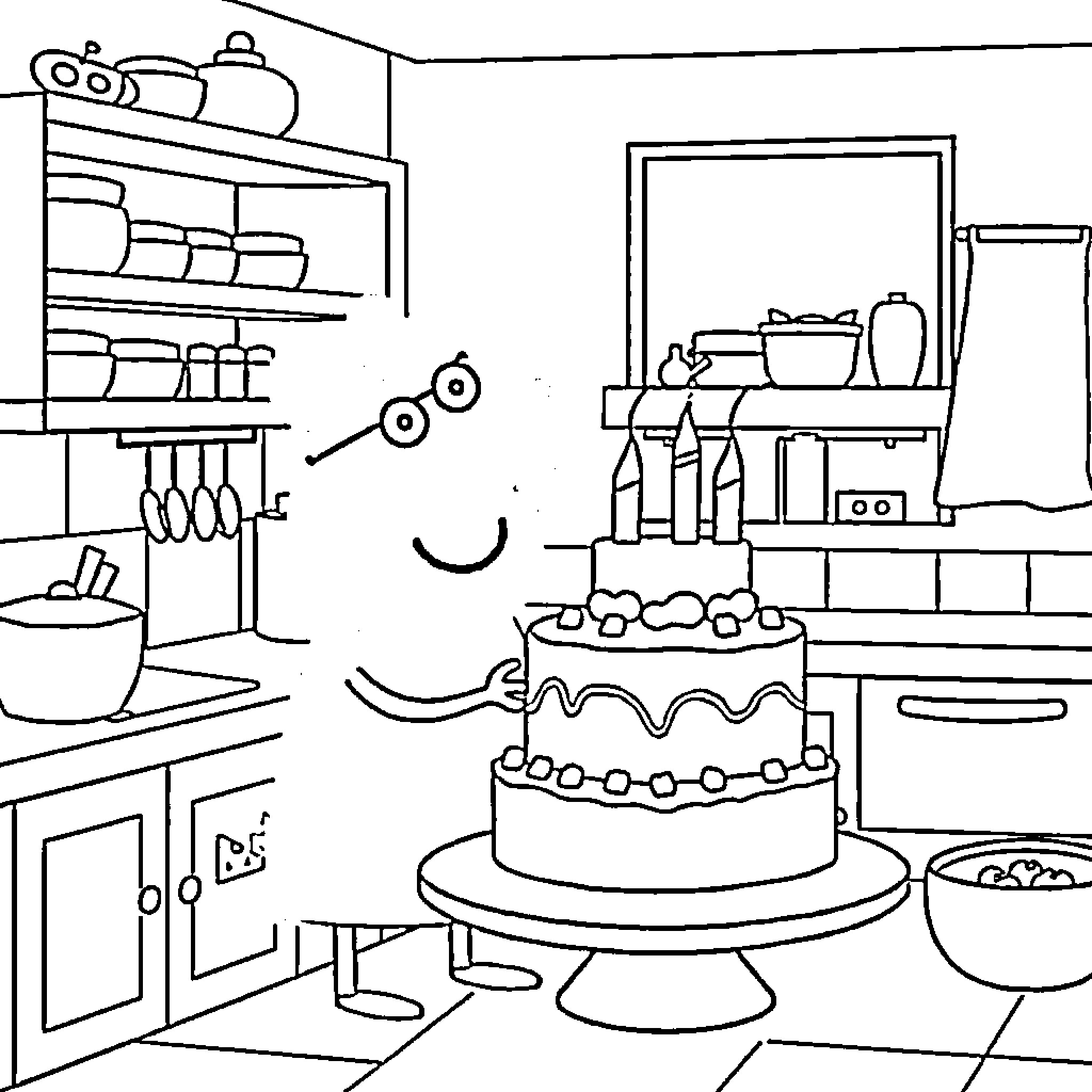 Peppa Pig's Birthday Celebration in the Kitchen Coloring Page (free black-and-white line drawing printable PDF for all, from beginners to advanced learners, including children, teens, adults, and seniors)