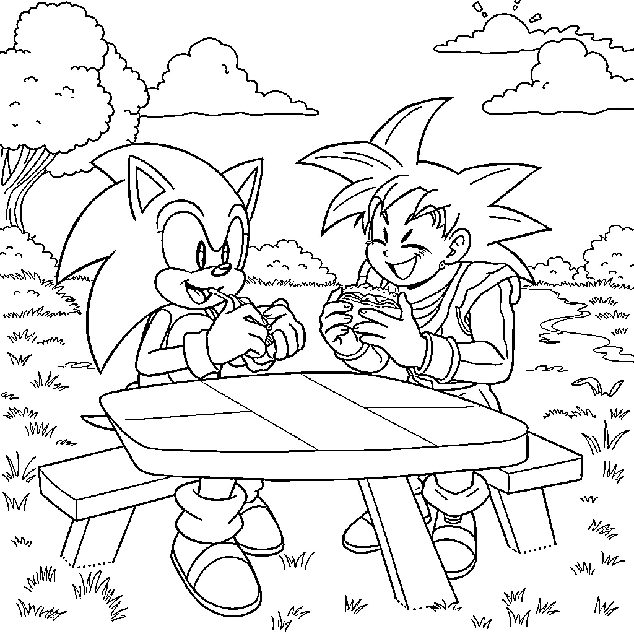 Sonic and Goku enjoying a game together Coloring Page (free black-and-white line drawing printable PDF for all, from beginners to advanced learners, including children, teens, adults, and seniors)