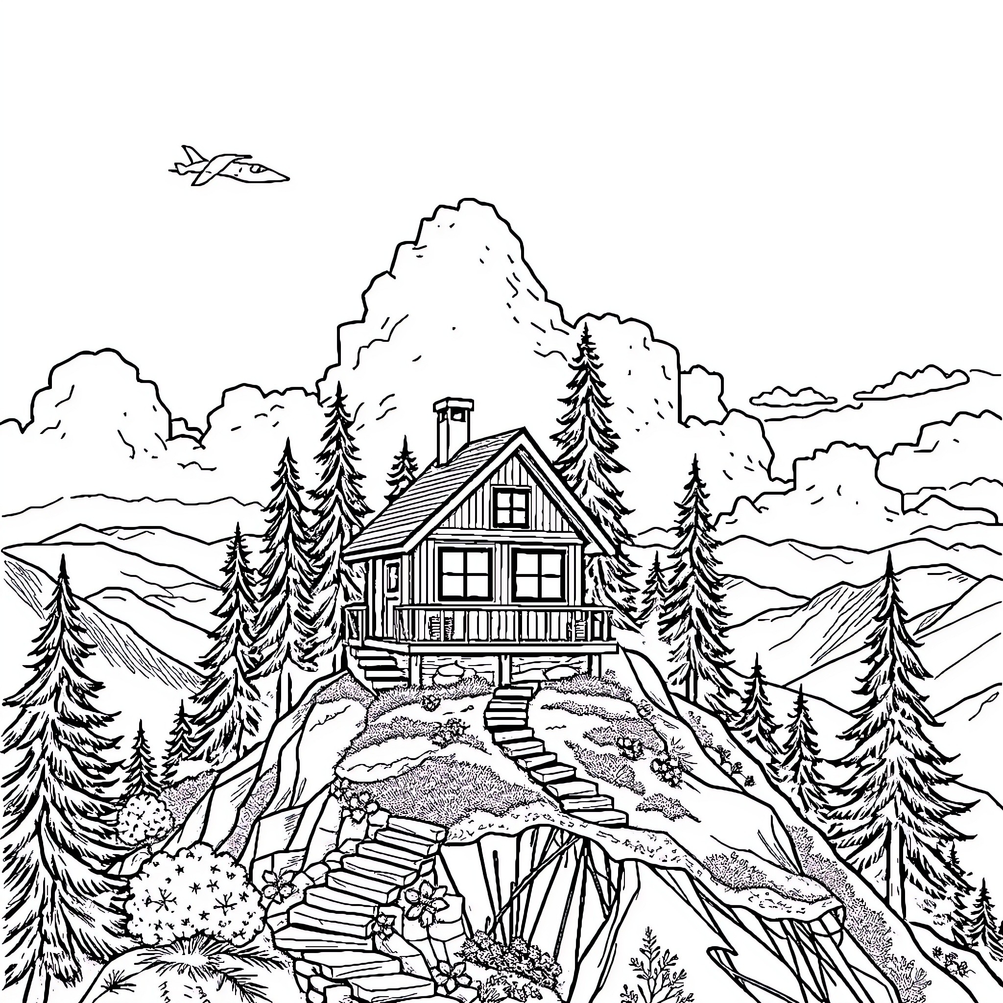House nestled in the serene mountain landscape Coloring Page (free black-and-white line drawing printable PDF for all, from beginners to advanced learners, including children, teens, adults, and seniors)
