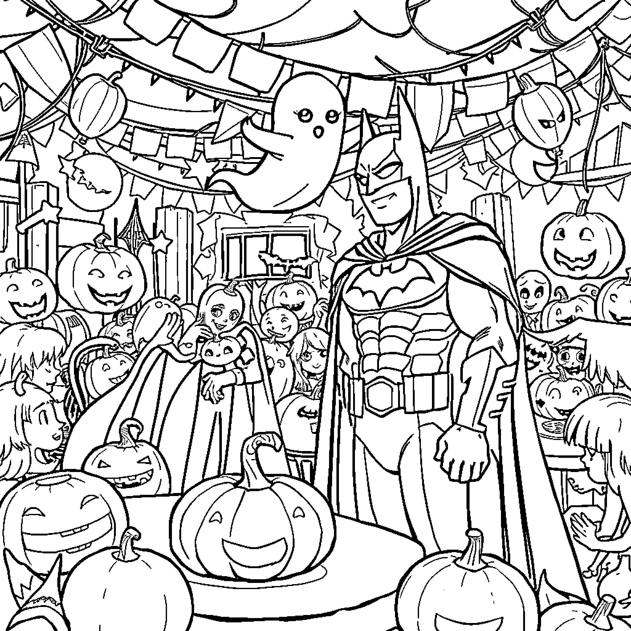 Ghost characters in Halloween party scene Coloring Page (free black-and-white line drawing printable PDF for all, from beginners to advanced learners, including children, teens, adults, and seniors)