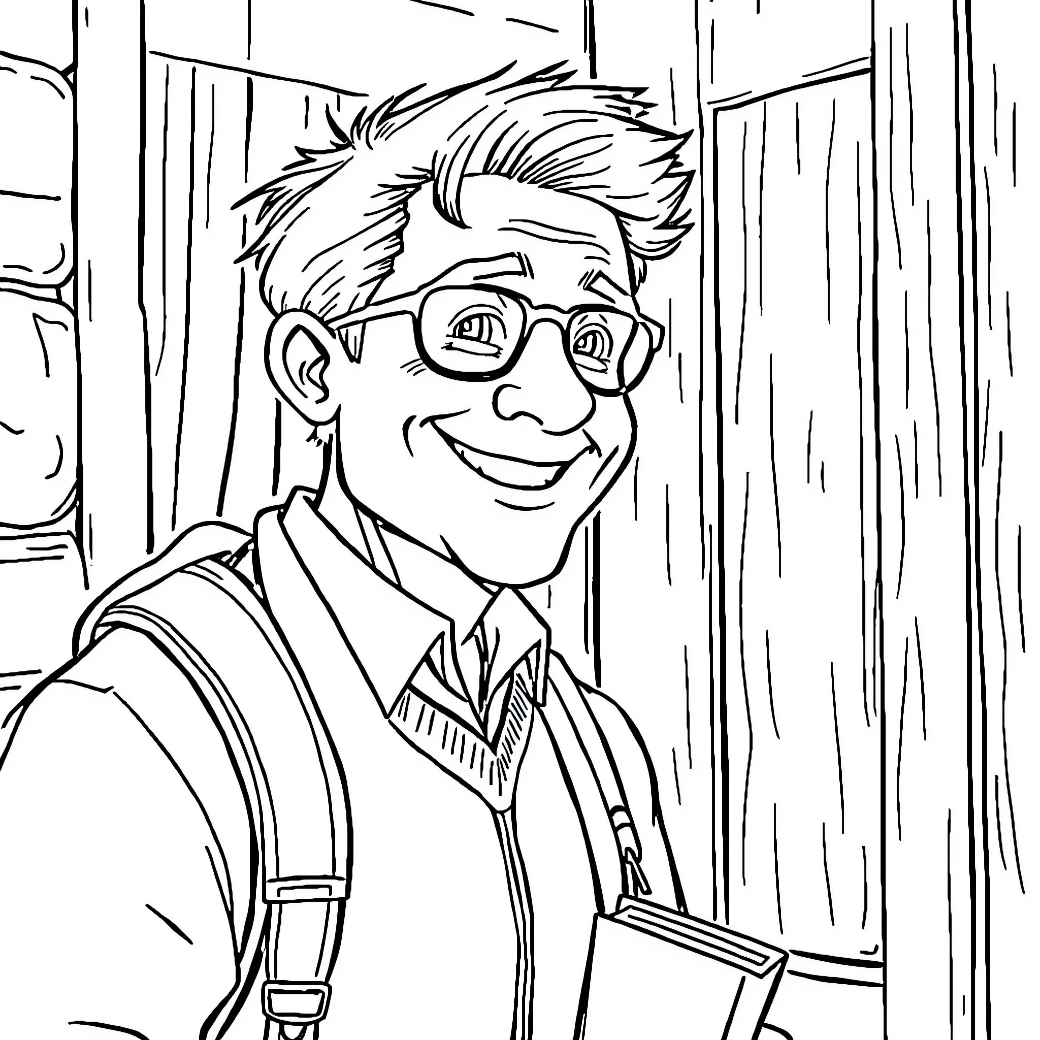 Professeur in a Cheerful Mood Coloring Page (free black-and-white line drawing printable PDF for all, from beginners to advanced learners, including children, teens, adults, and seniors)